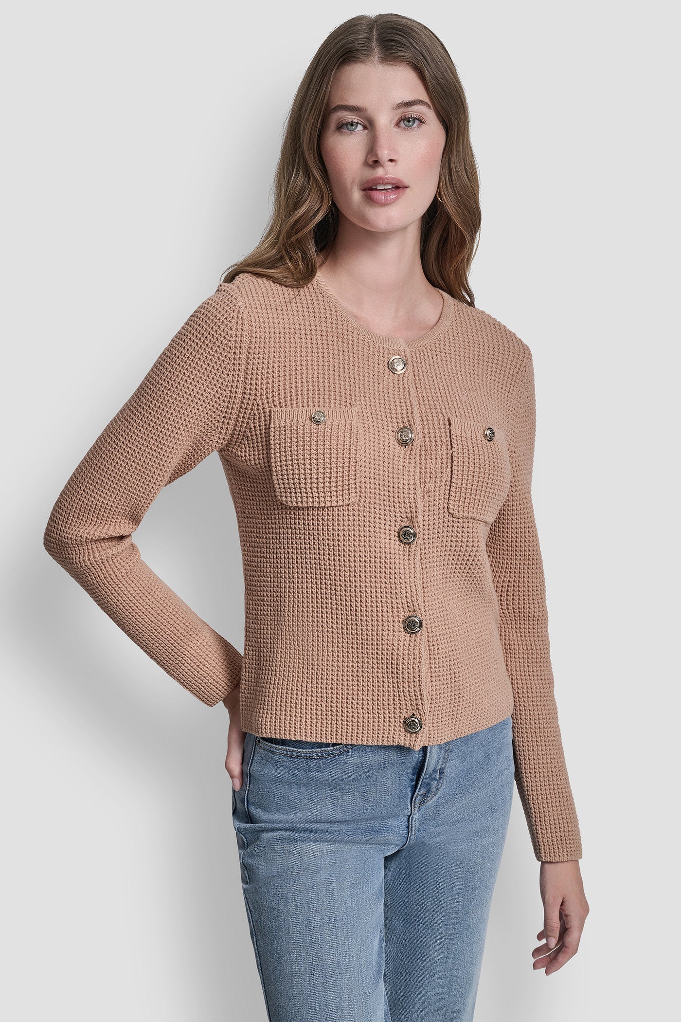 TUCK STITCH CREW NECK CARDIGAN