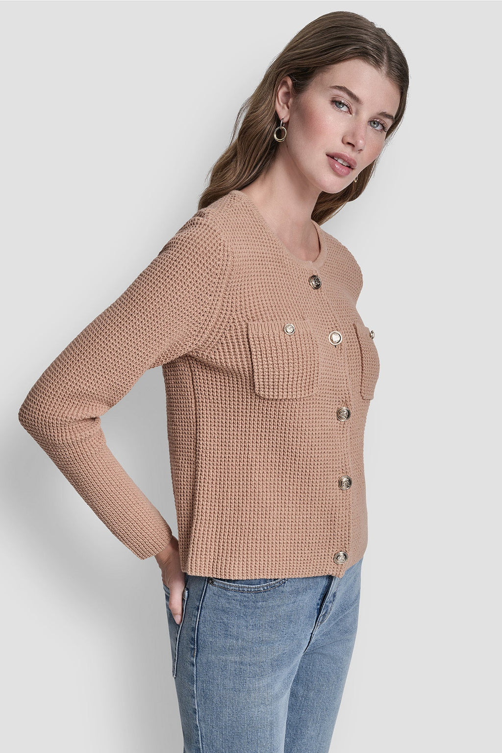 TUCK STITCH CREW NECK CARDIGAN