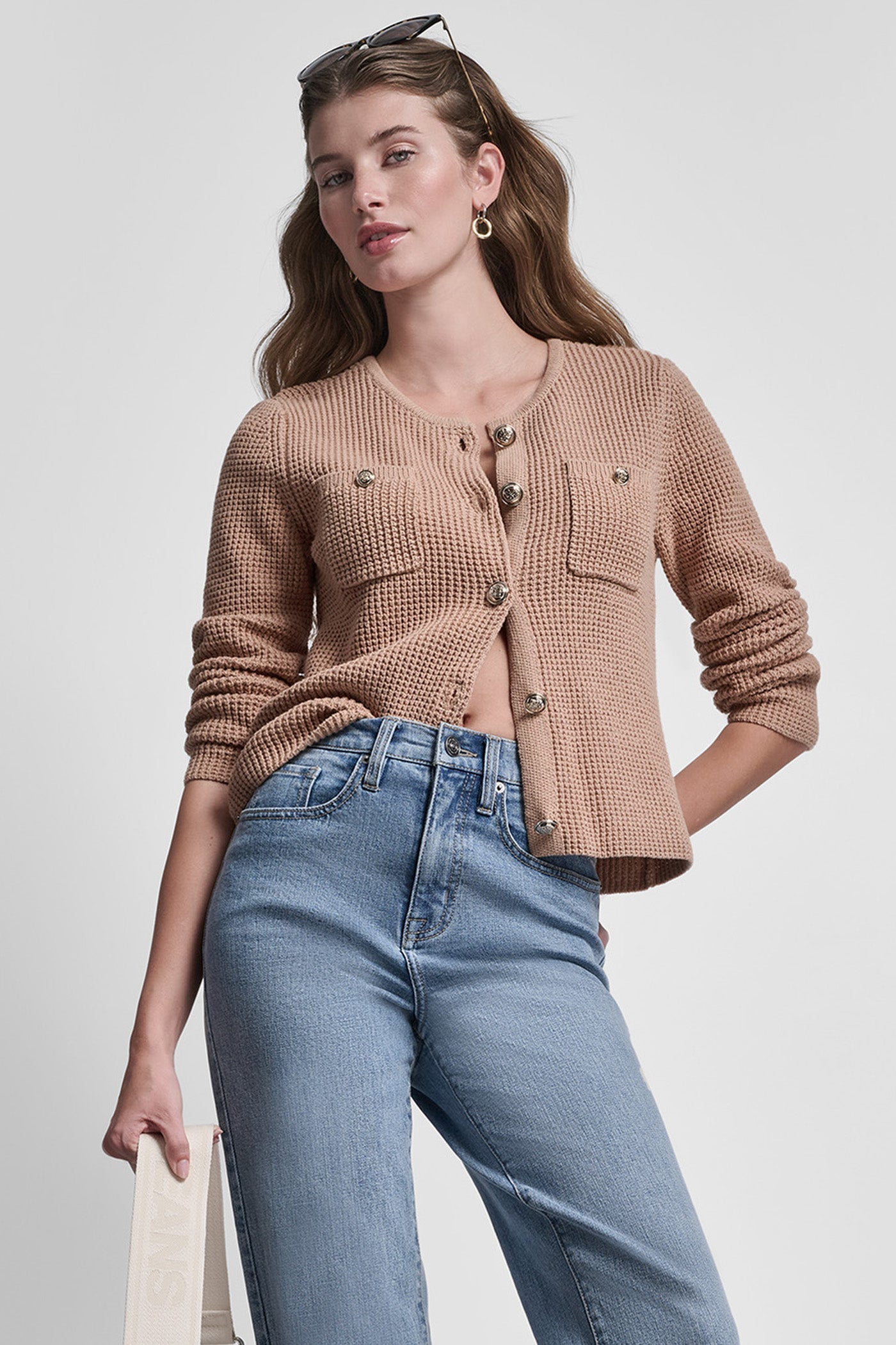 TUCK STITCH CREW NECK CARDIGAN