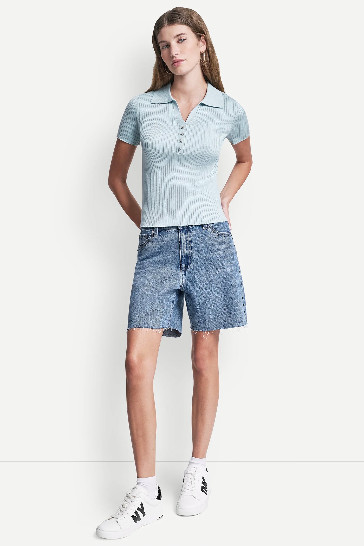 RIBBED POLO WITH RHINESTONE BUTTONS