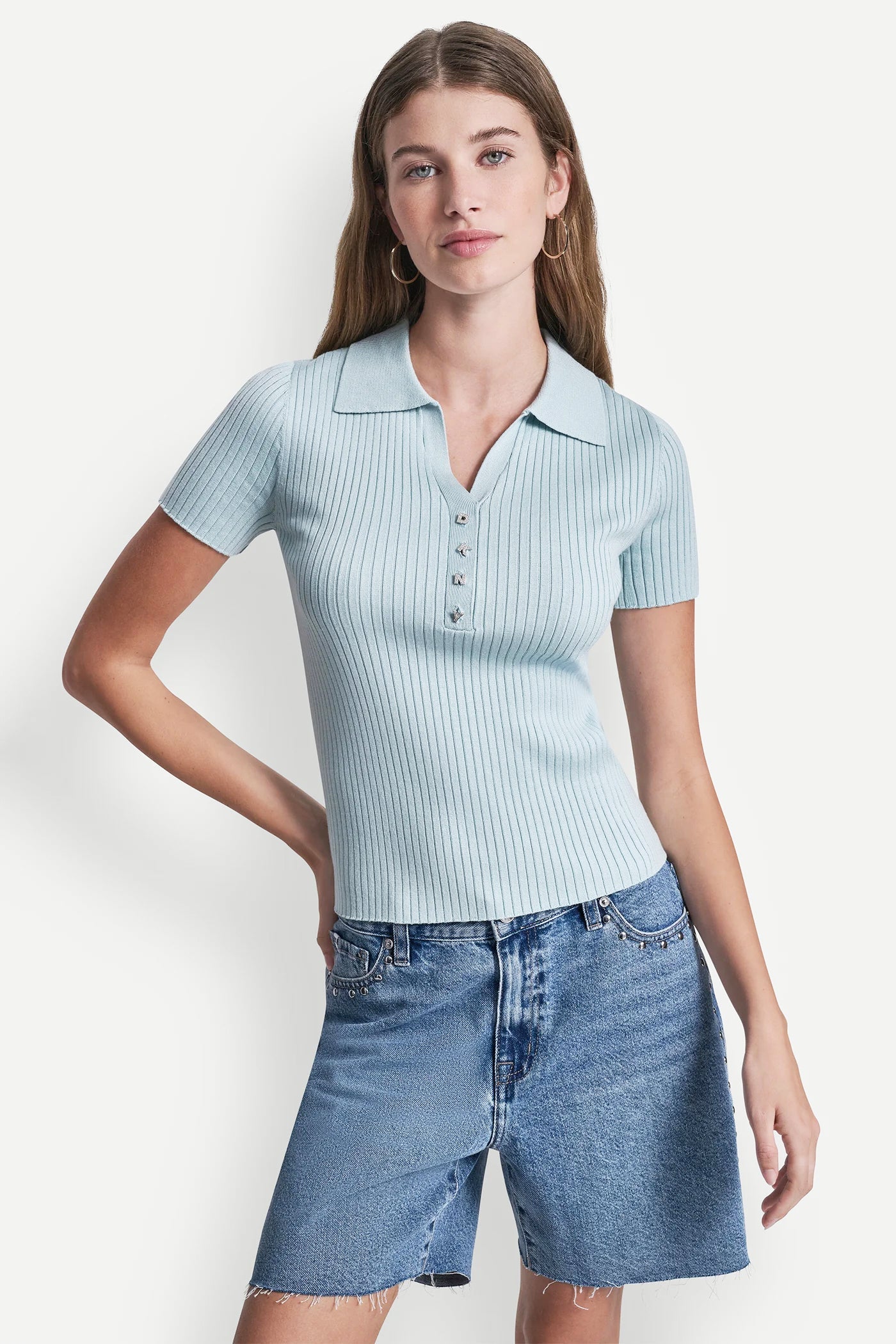 RIBBED POLO WITH RHINESTONE BUTTONS
