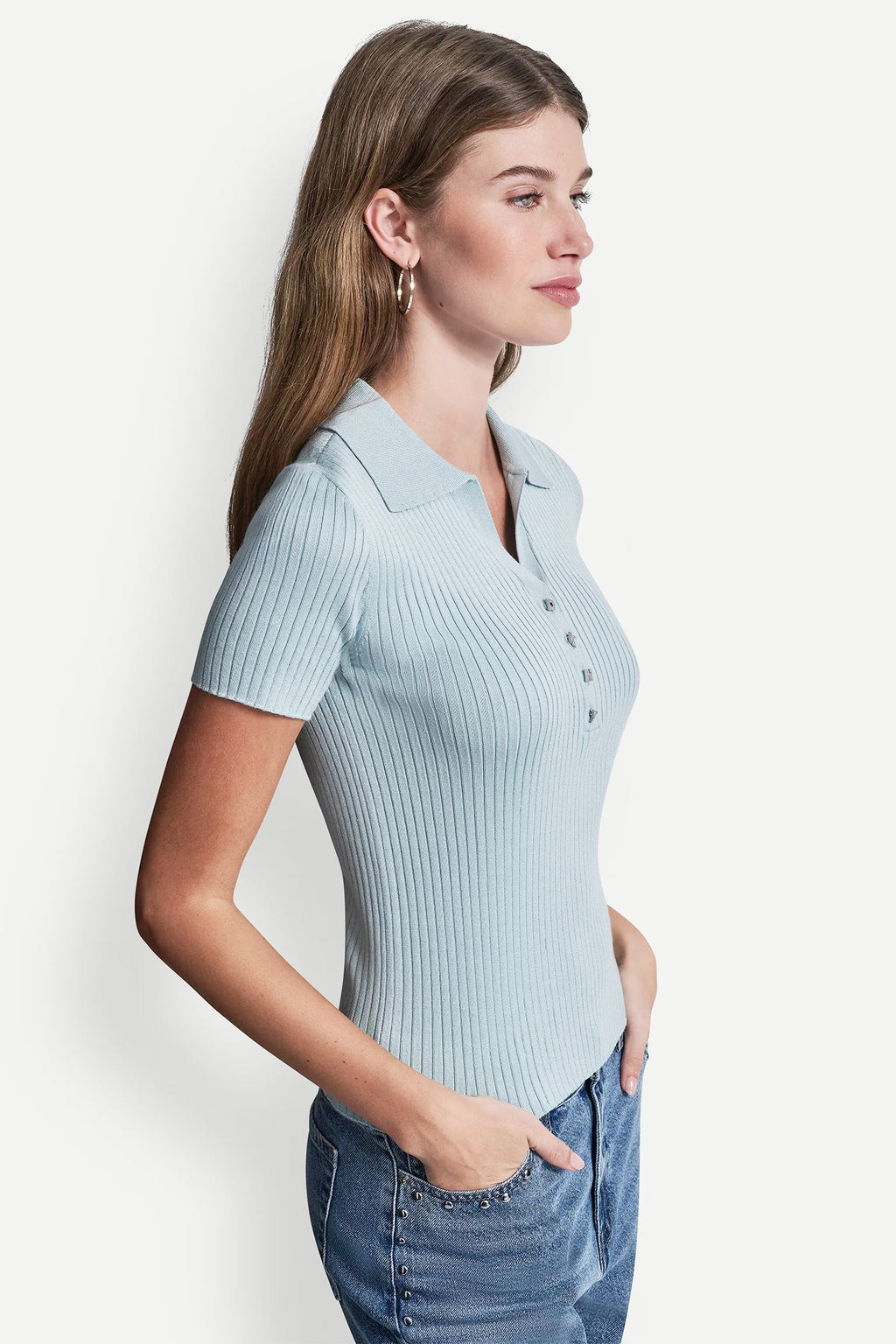 RIBBED POLO WITH RHINESTONE BUTTONS