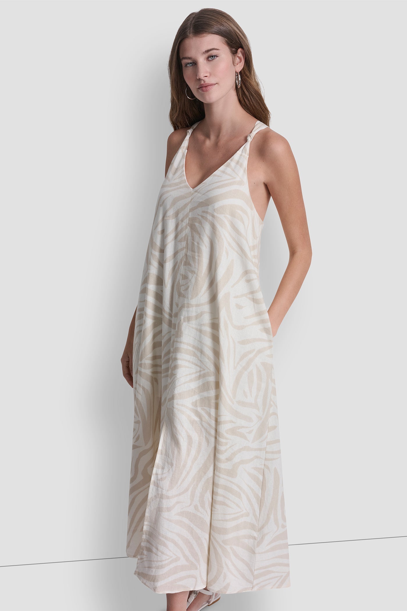 LINEN-BLEND TIE BACK MAXI DRESS