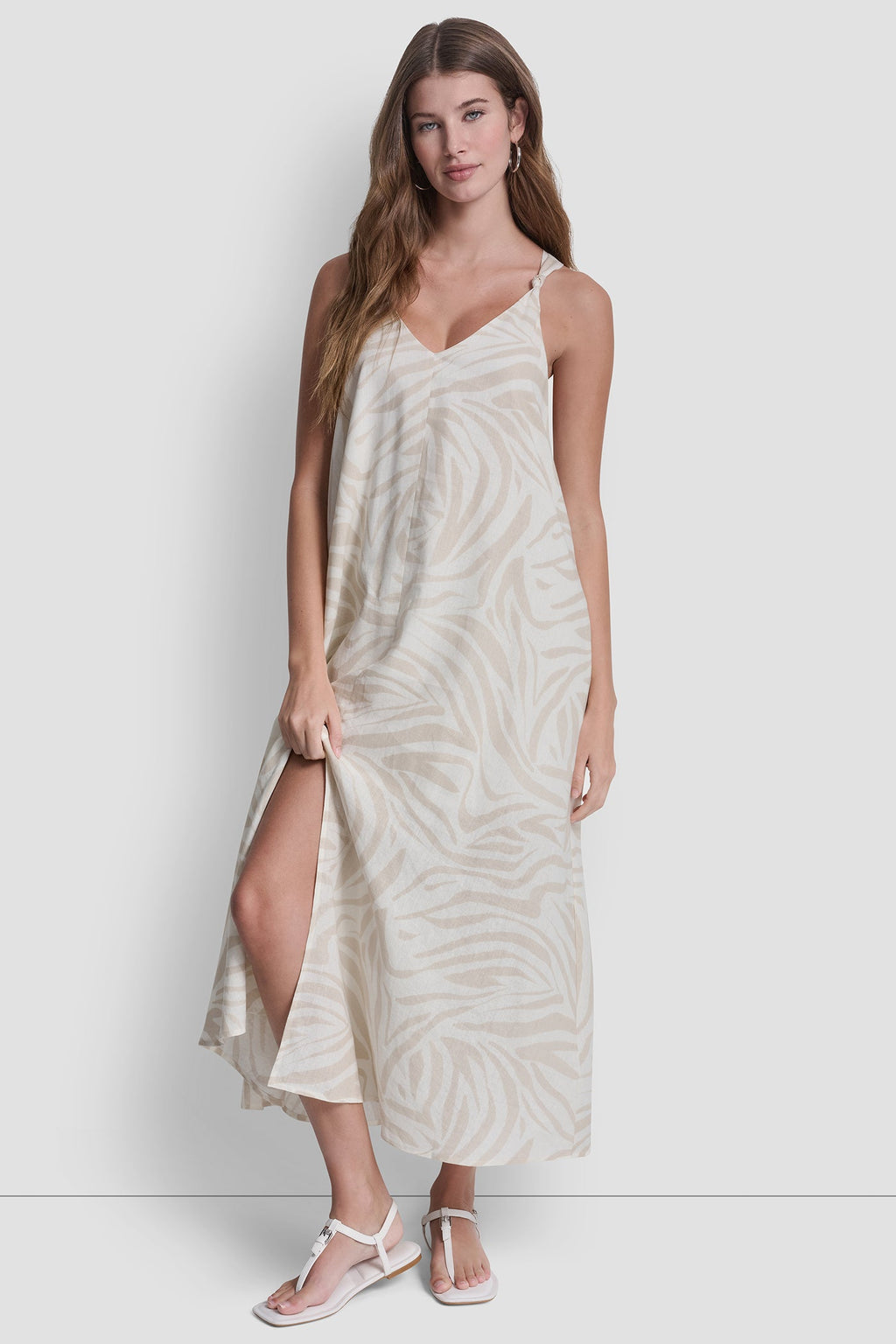 LINEN-BLEND TIE BACK MAXI DRESS