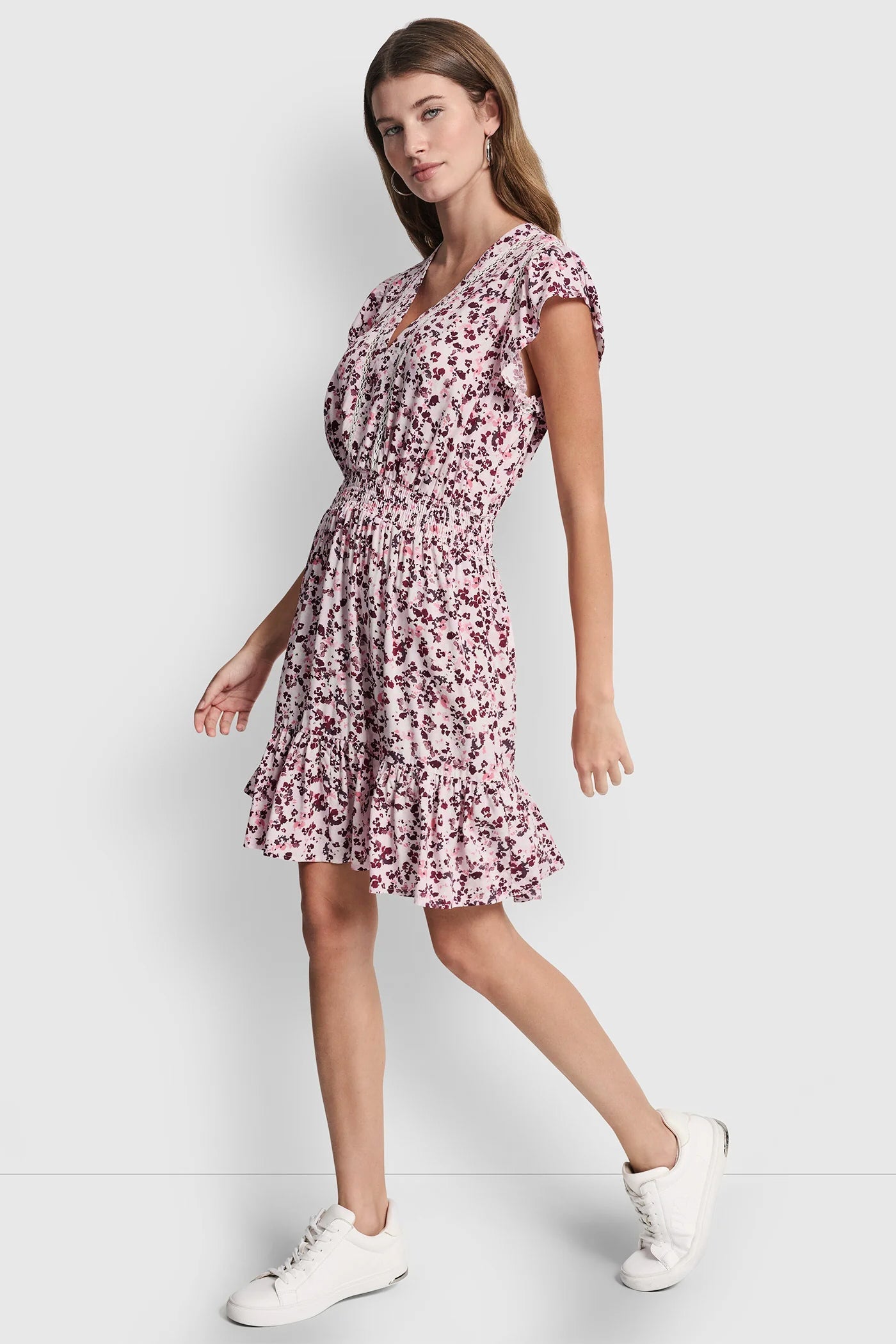 SMOCKED WAIST V-NECK DRESS