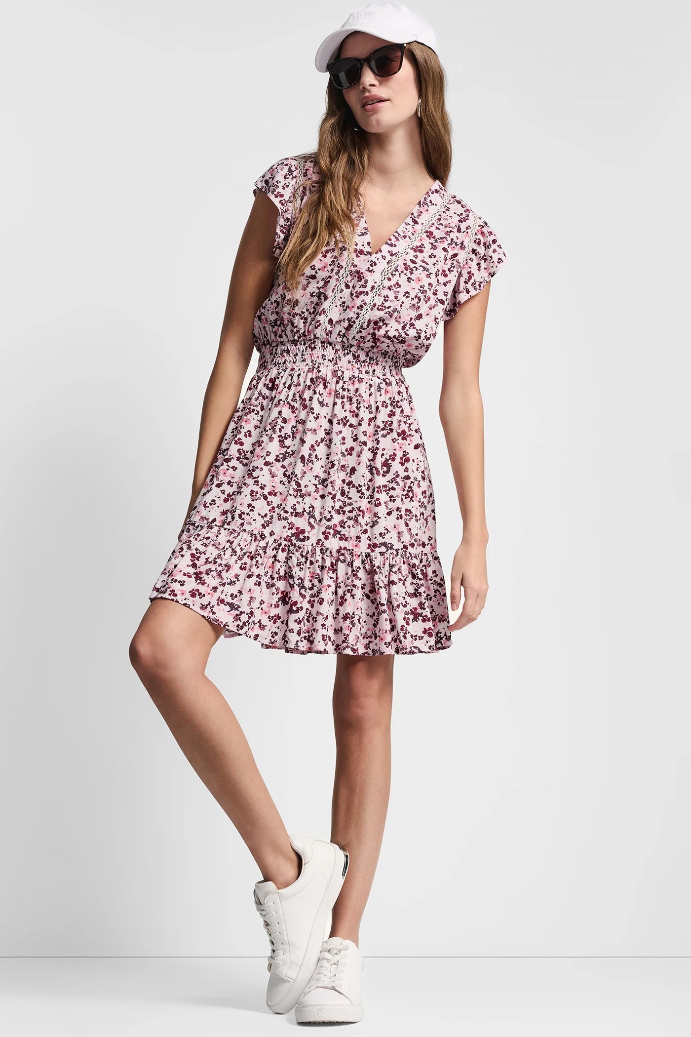 SMOCKED WAIST V-NECK DRESS