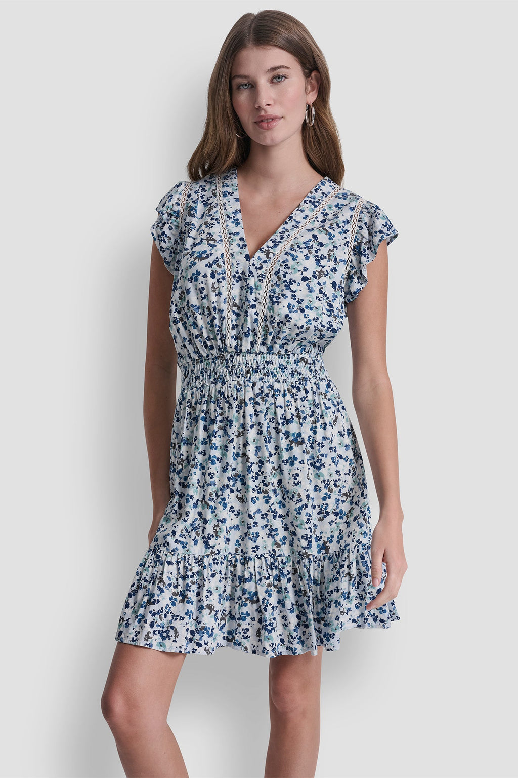 SMOCKED WAIST V-NECK DRESS