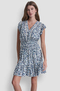 SMOCKED WAIST V-NECK DRESS