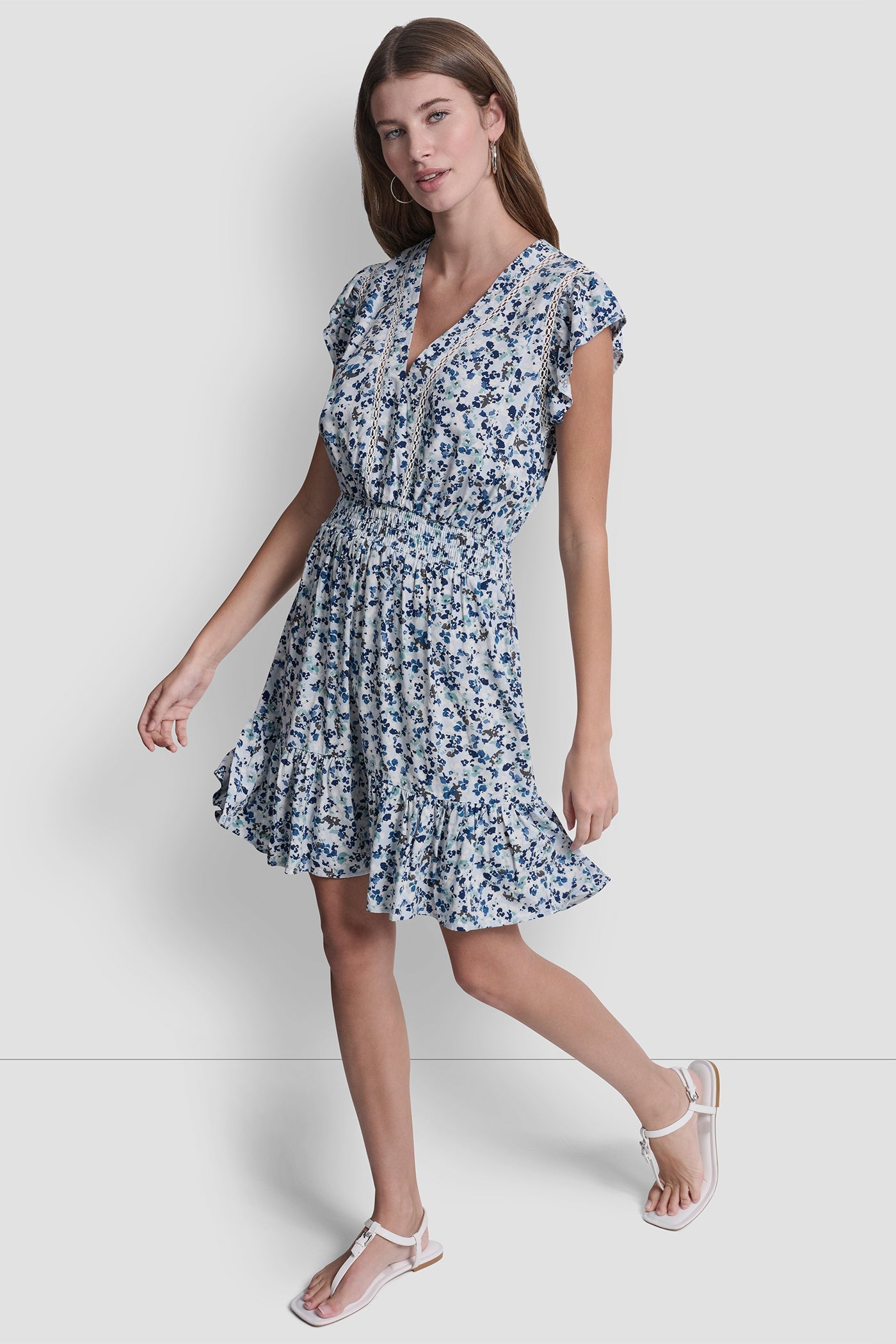 SMOCKED WAIST V-NECK DRESS