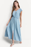 RUCHED V-NECK DRESS WITH TIE WAIST