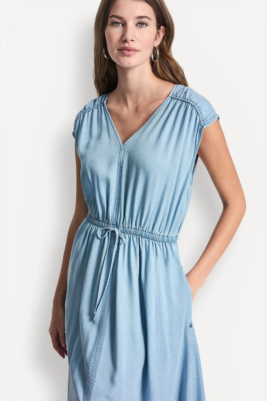 RUCHED V-NECK DRESS WITH TIE WAIST