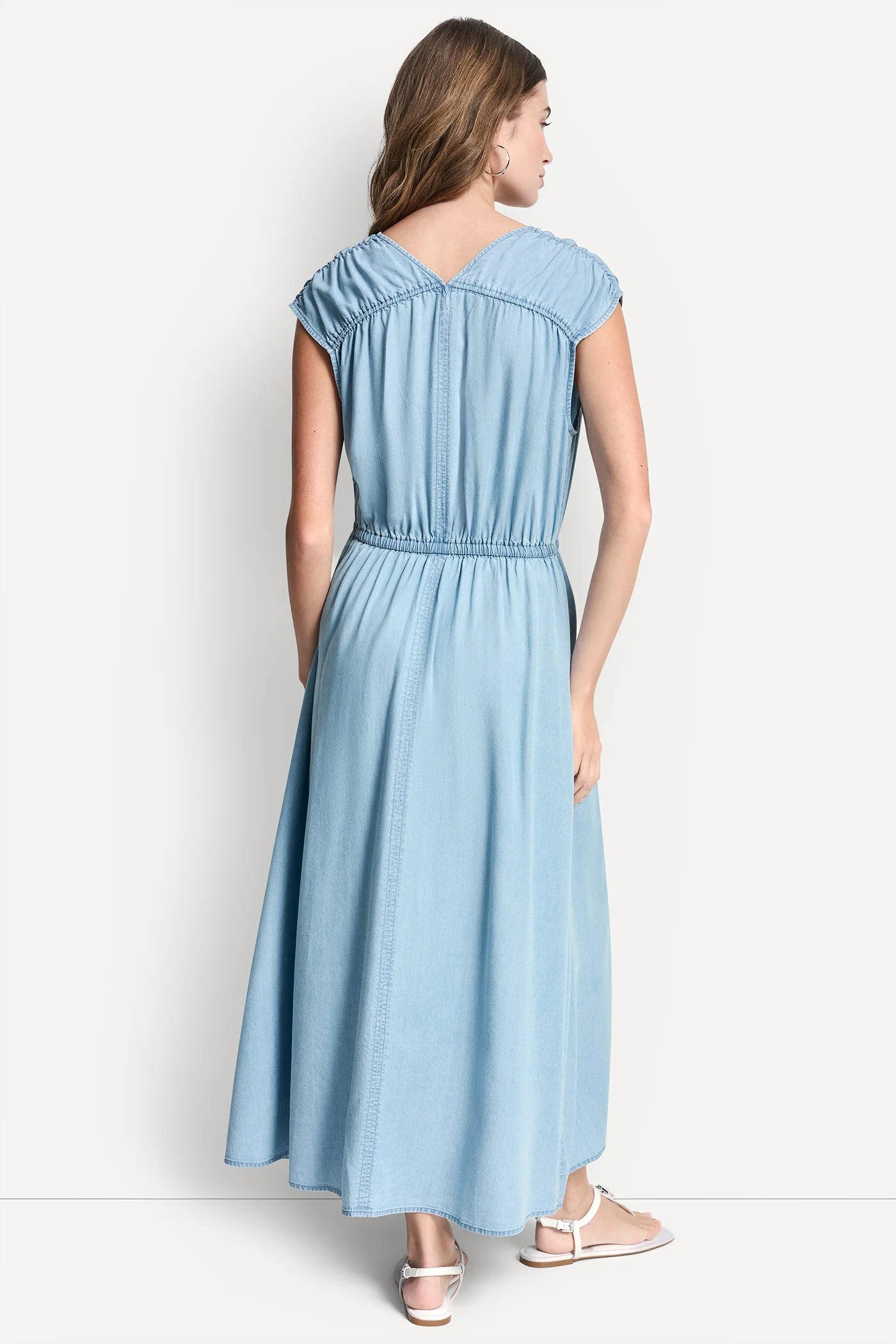RUCHED V-NECK DRESS WITH TIE WAIST