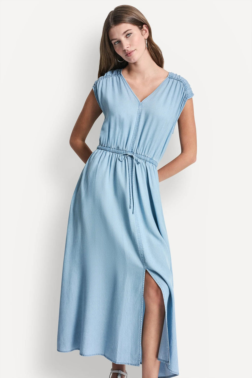 RUCHED V-NECK DRESS WITH TIE WAIST