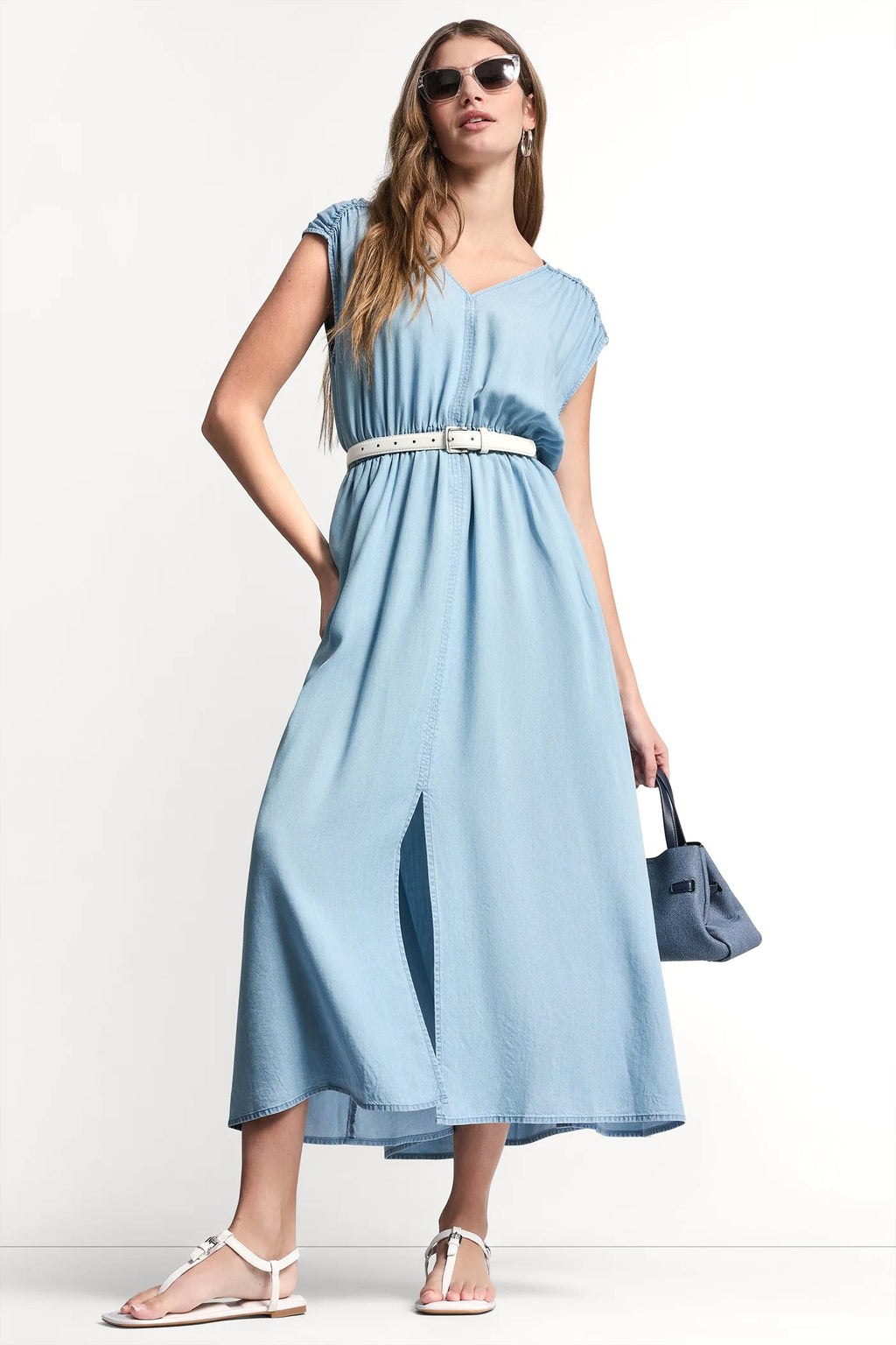 RUCHED V-NECK DRESS WITH TIE WAIST