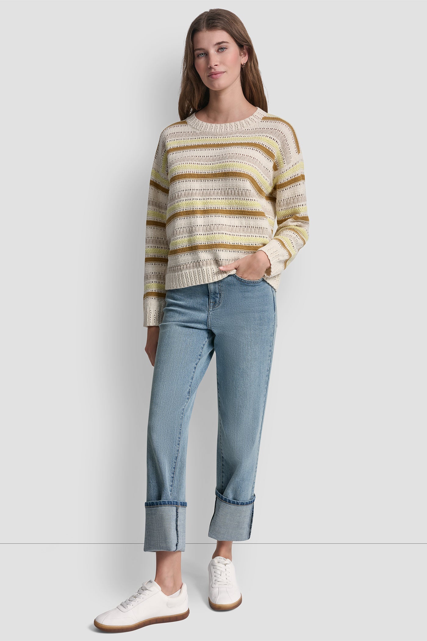 STRIPED MIXED POINTELLE STITCH SWEATER