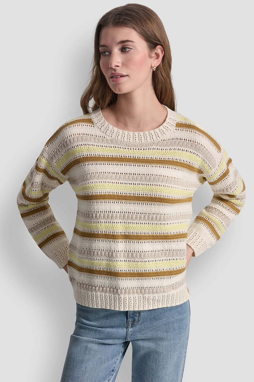 STRIPED MIXED POINTELLE STITCH SWEATER