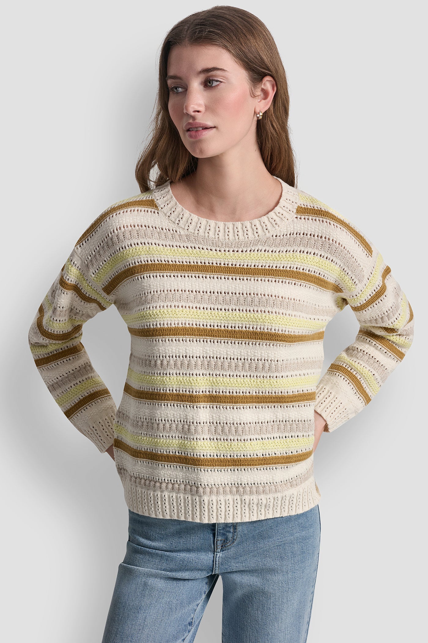 STRIPED MIXED POINTELLE STITCH SWEATER