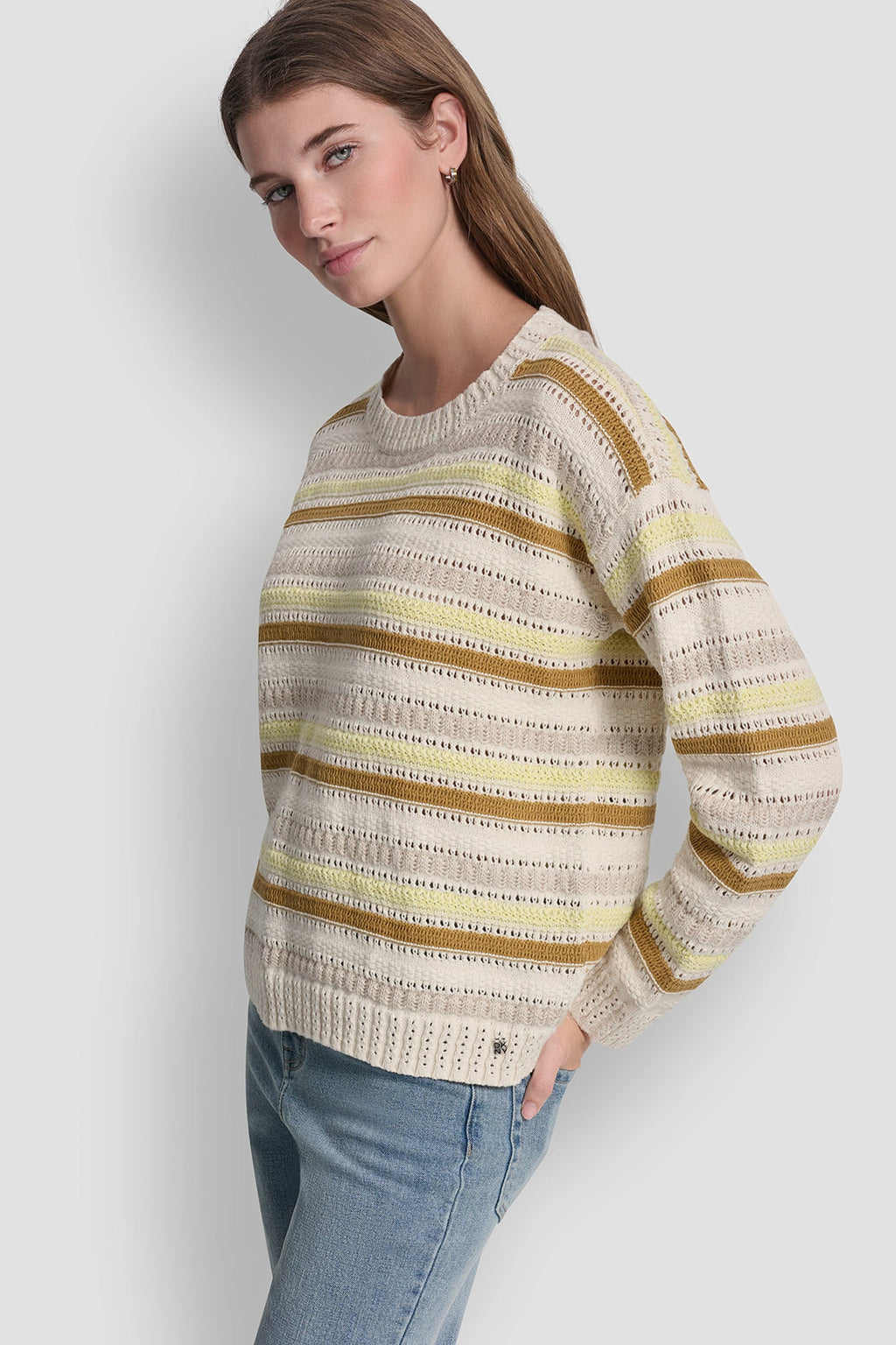 STRIPED MIXED POINTELLE STITCH SWEATER