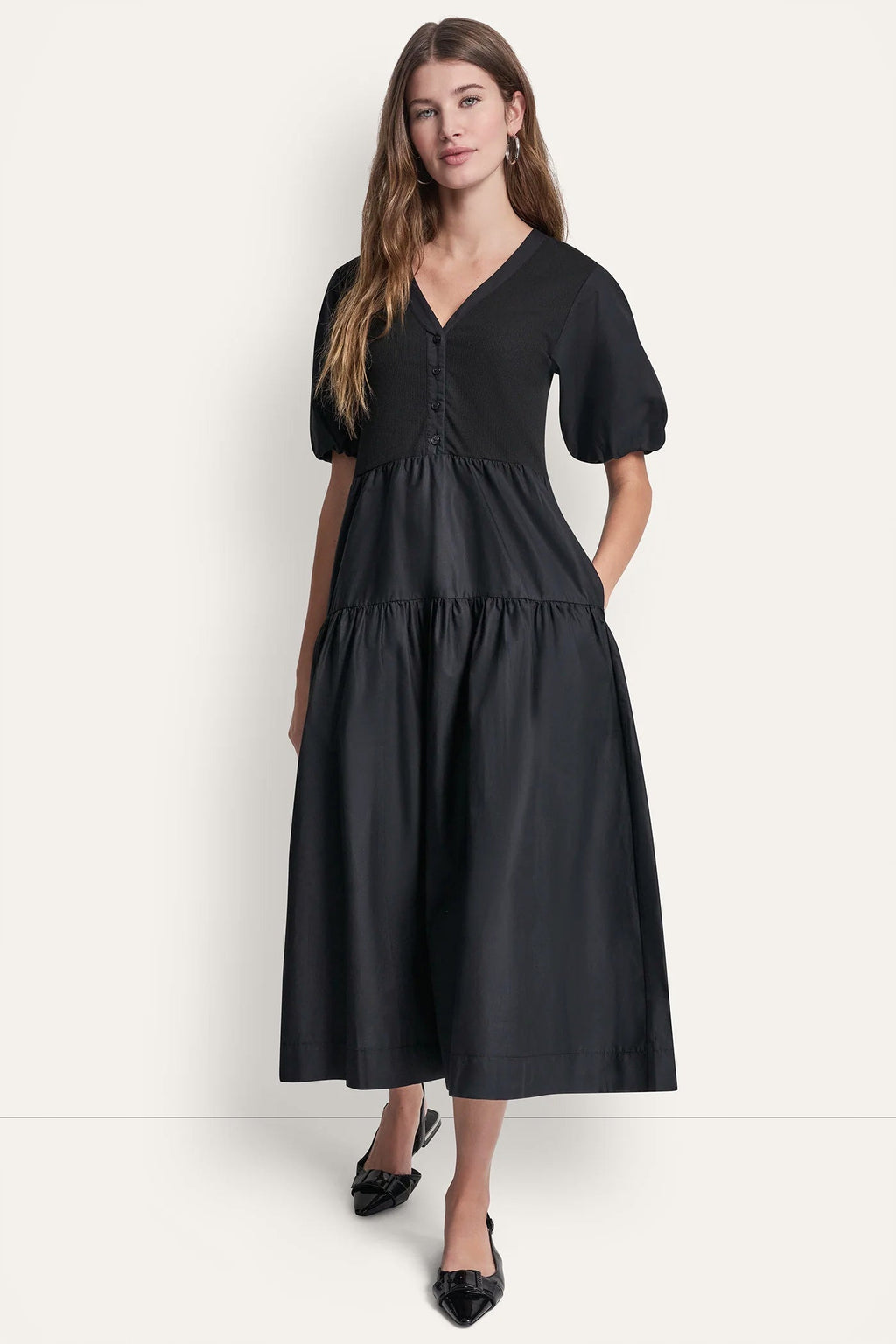 RIB HENLEY MIDI DRESS WITH PUFF SLEEVES