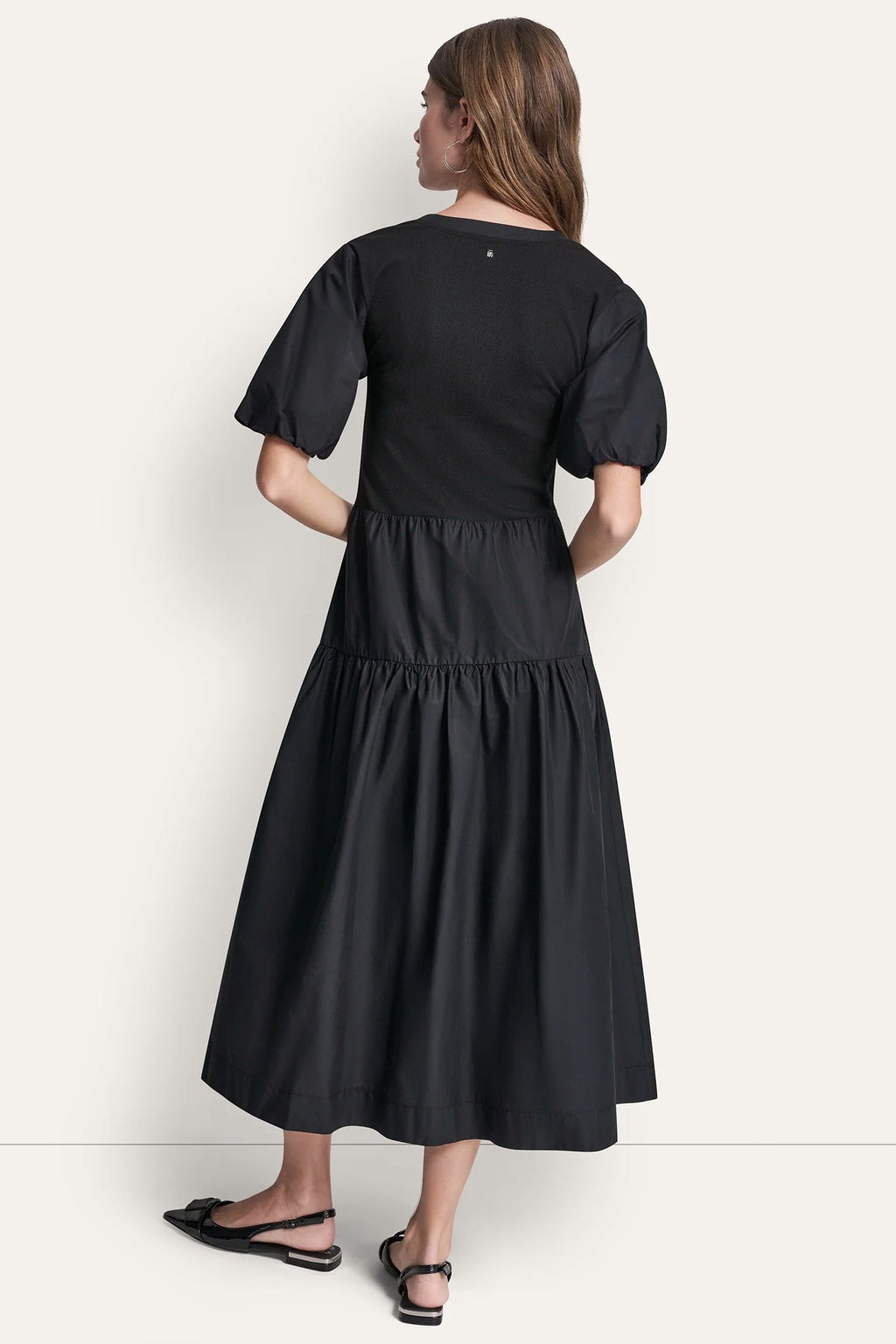 RIB HENLEY MIDI DRESS WITH PUFF SLEEVES