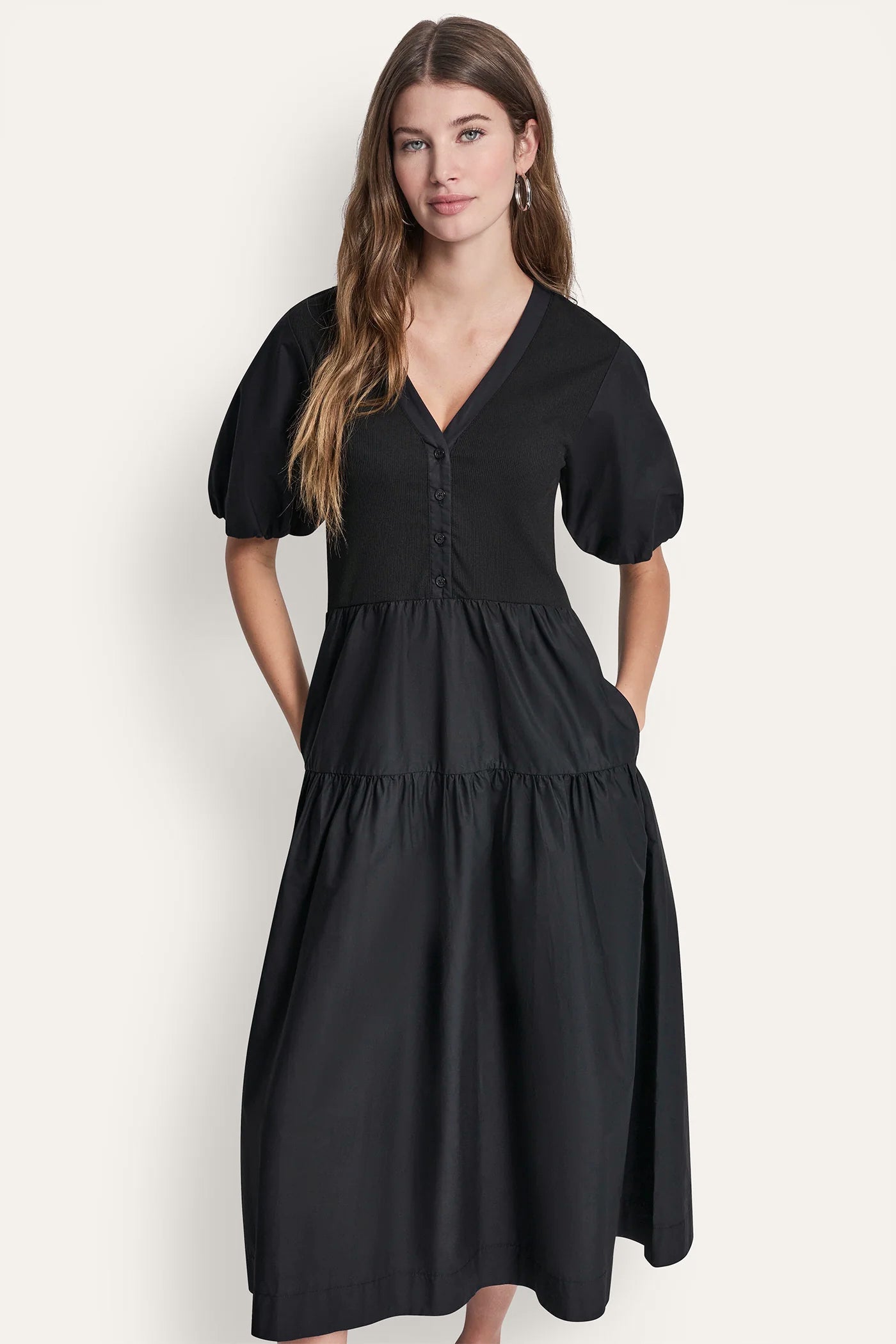 RIB HENLEY MIDI DRESS WITH PUFF SLEEVES