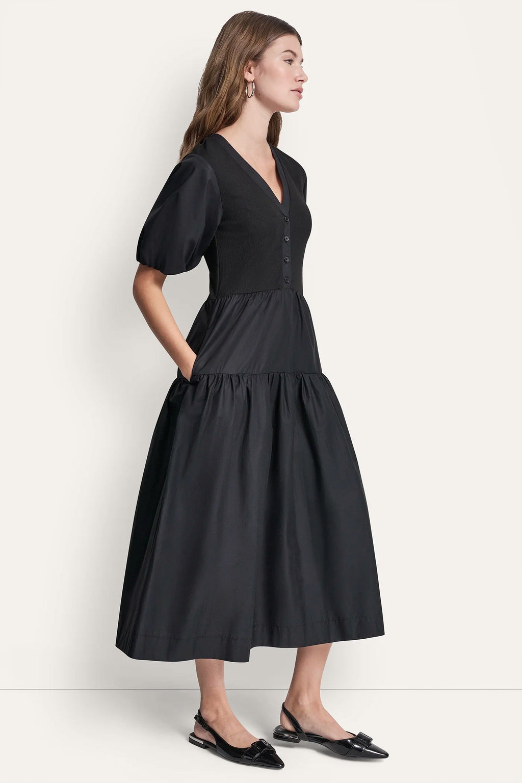 RIB HENLEY MIDI DRESS WITH PUFF SLEEVES