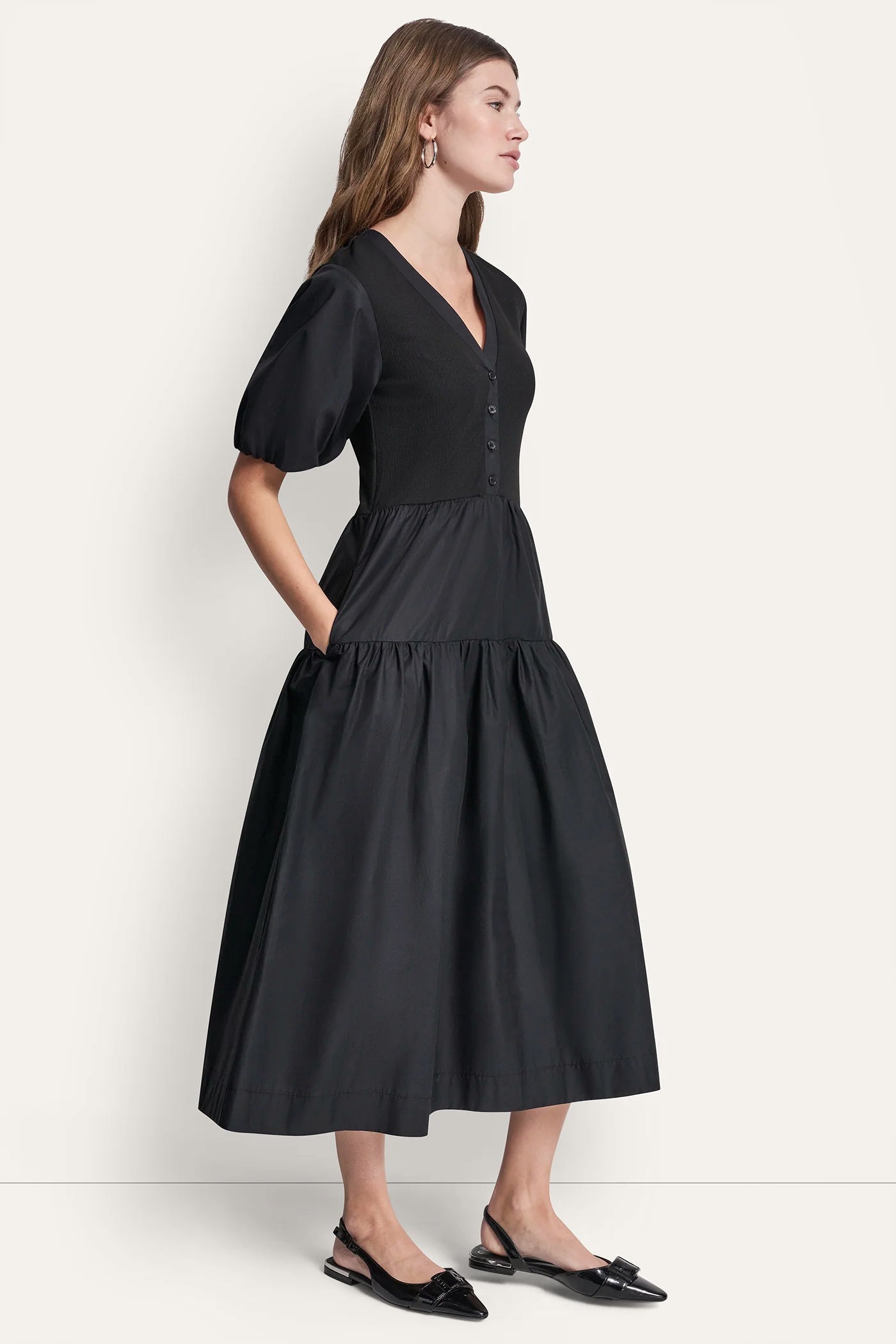 RIB HENLEY MIDI DRESS WITH PUFF SLEEVES