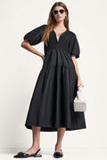 RIB HENLEY MIDI DRESS WITH PUFF SLEEVES