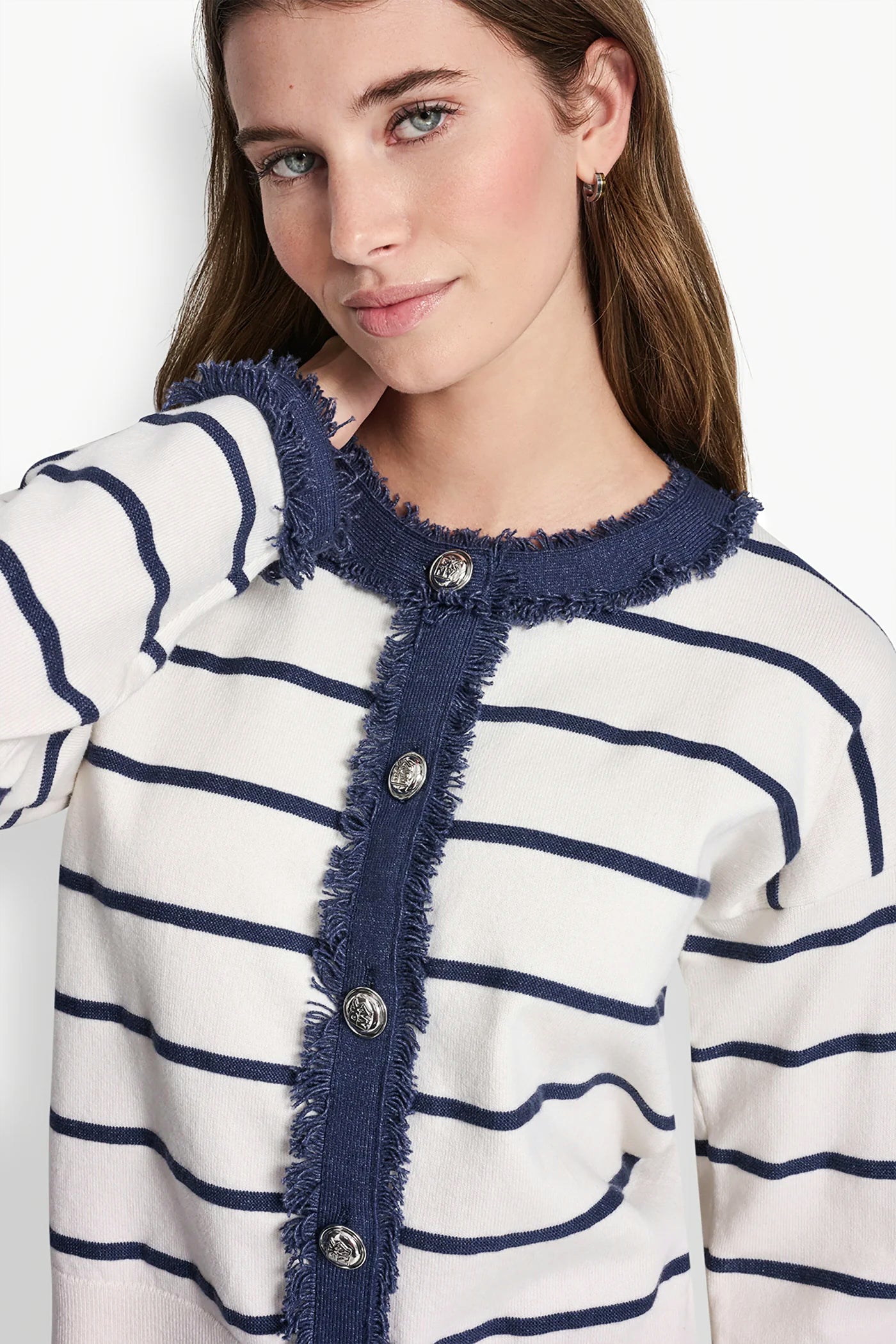 STRIPED CARDIGAN WITH DENIM FRINGE