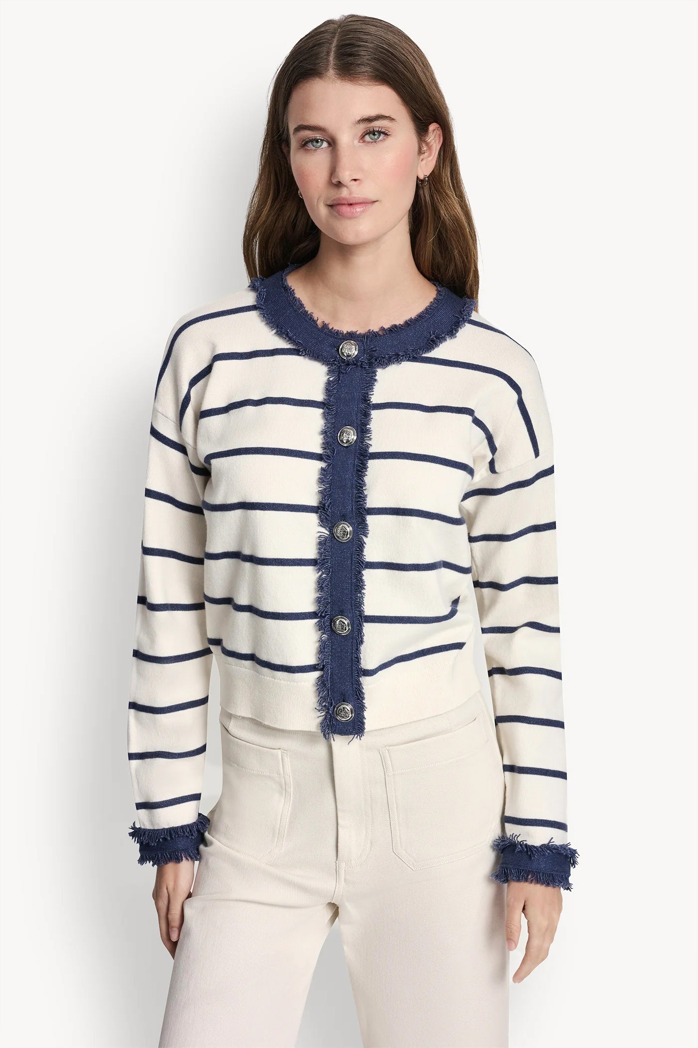 STRIPED CARDIGAN WITH DENIM FRINGE
