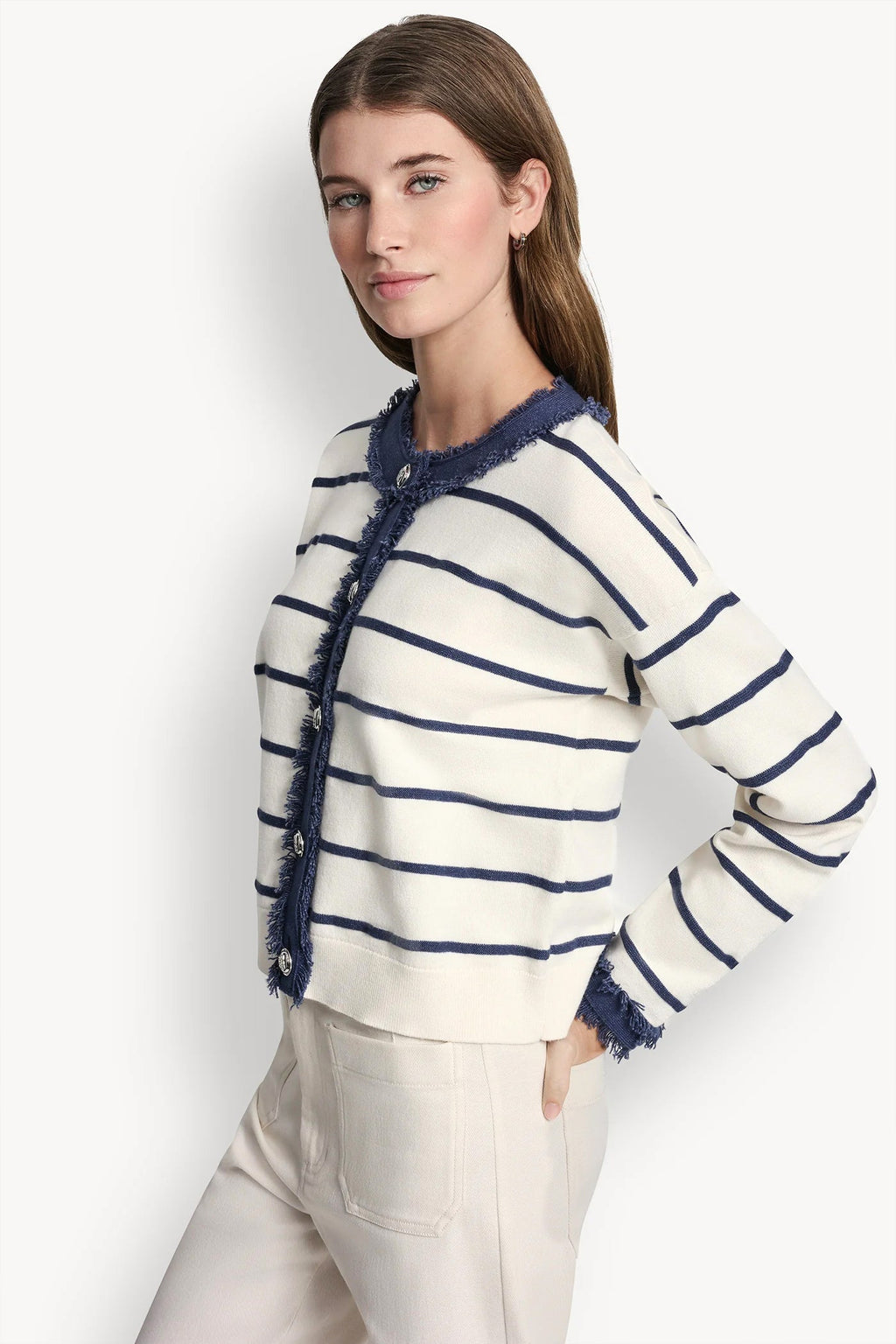 STRIPED CARDIGAN WITH DENIM FRINGE