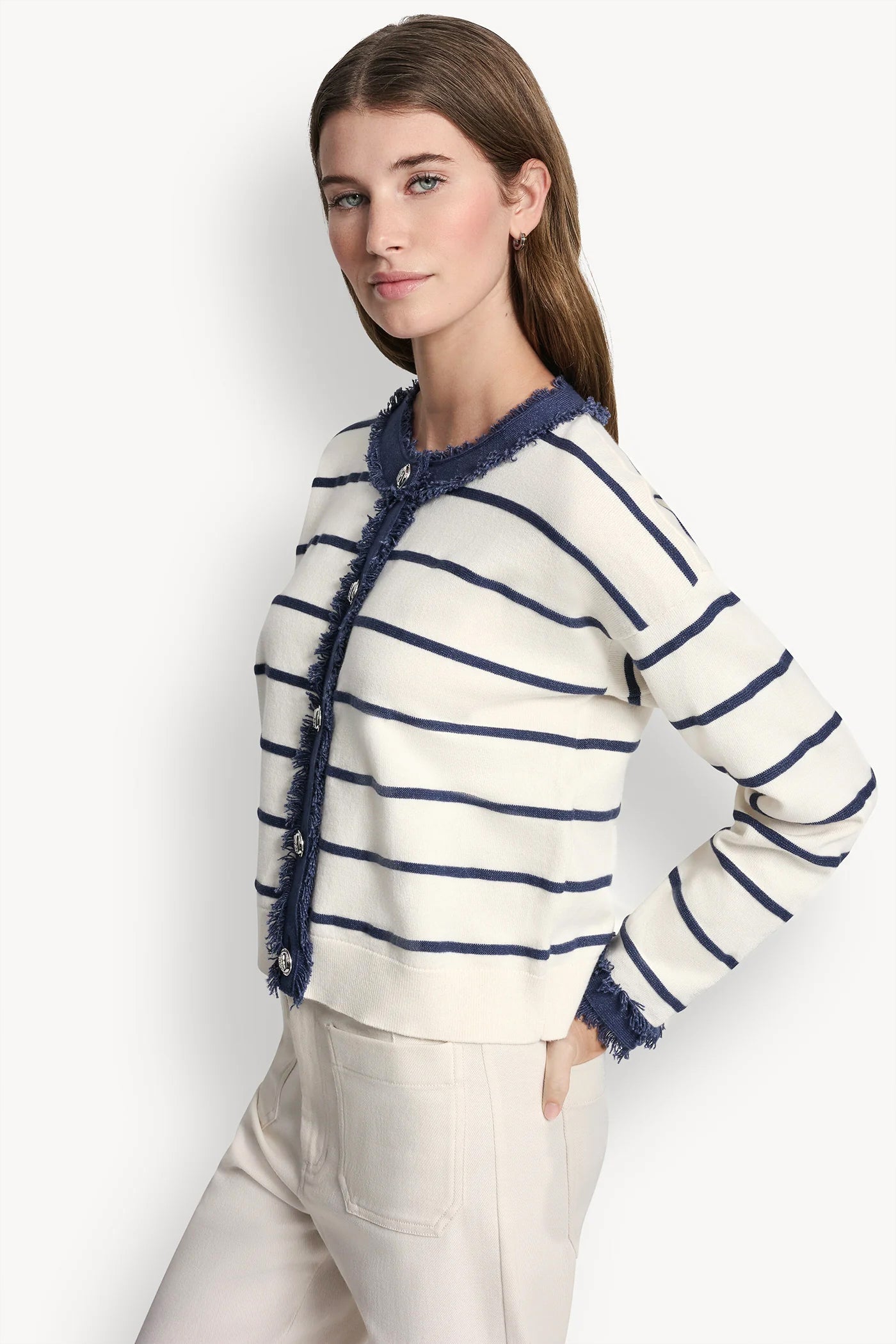 STRIPED CARDIGAN WITH DENIM FRINGE