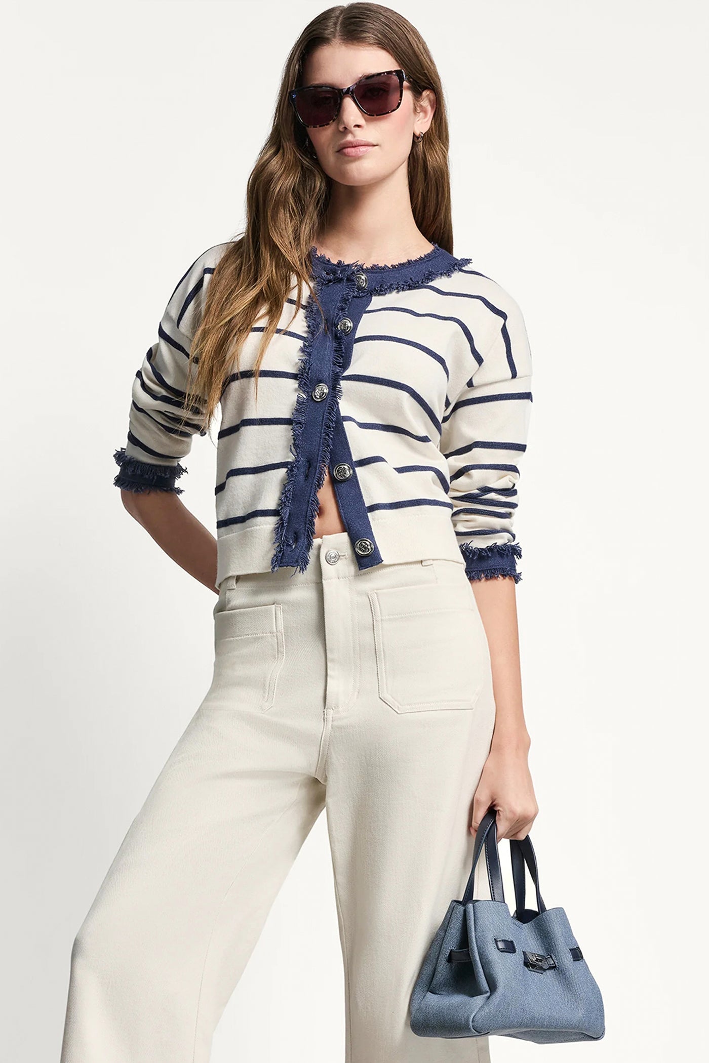 STRIPED CARDIGAN WITH DENIM FRINGE
