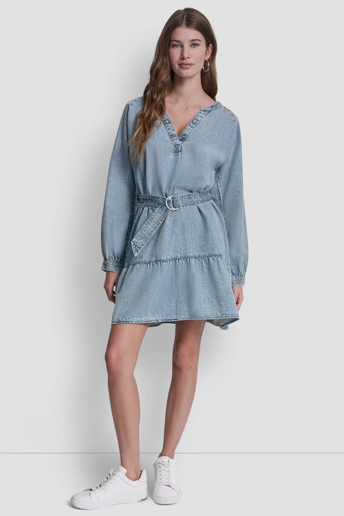 BELTED DENIM V-NECK DRESS
