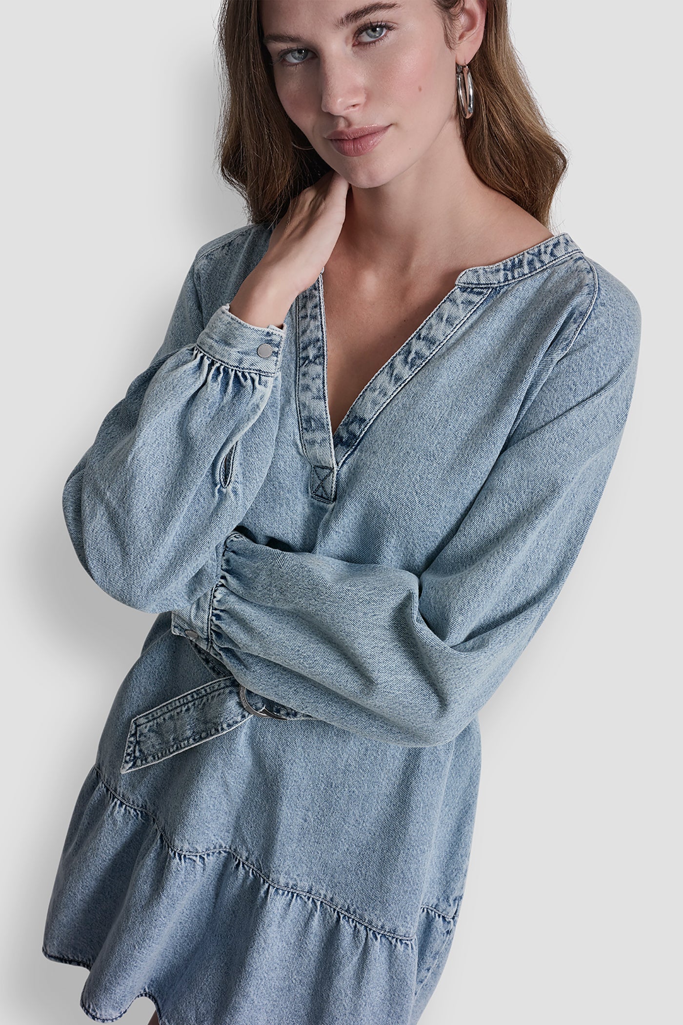 BELTED DENIM V-NECK DRESS