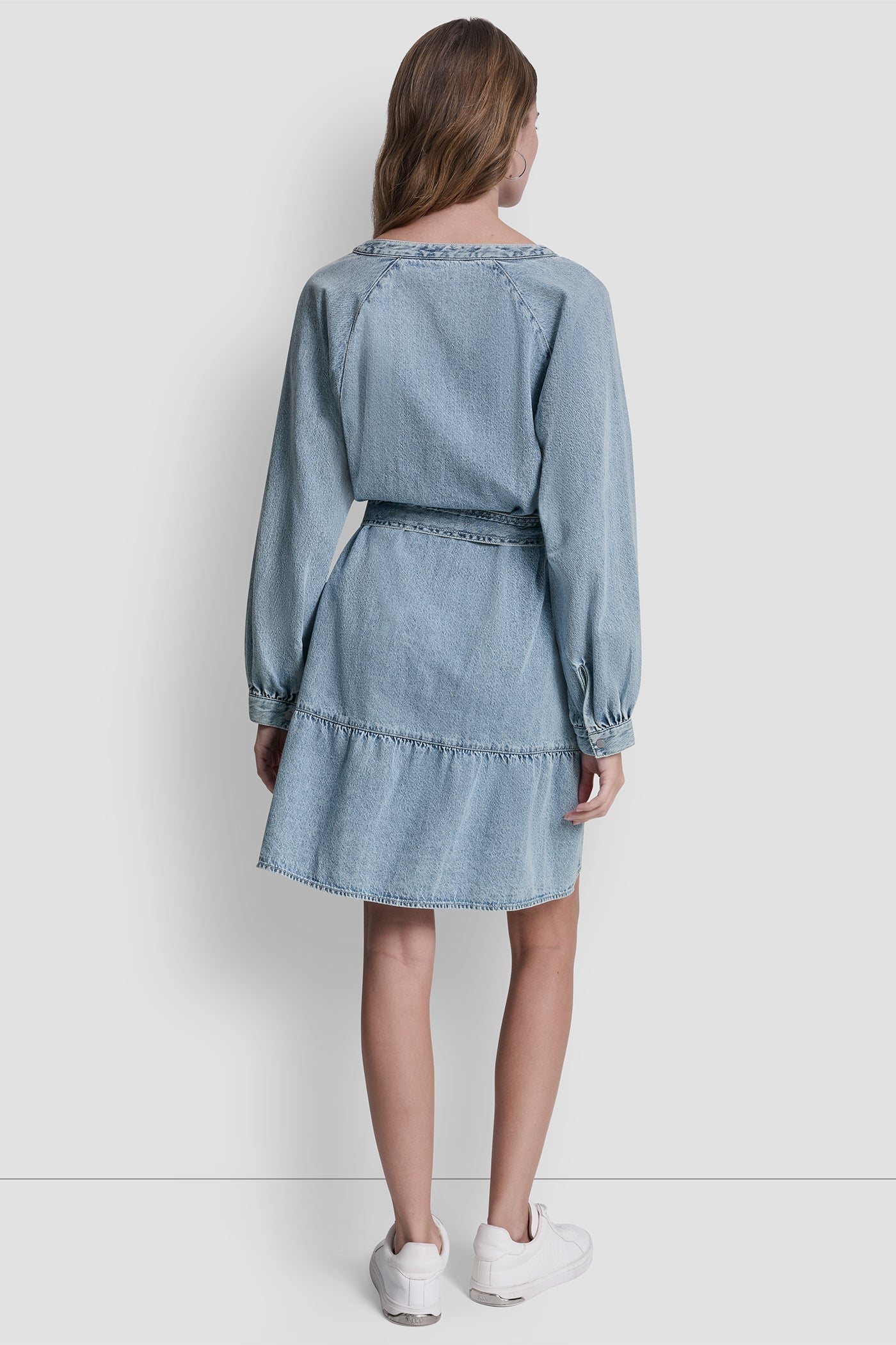 BELTED DENIM V-NECK DRESS