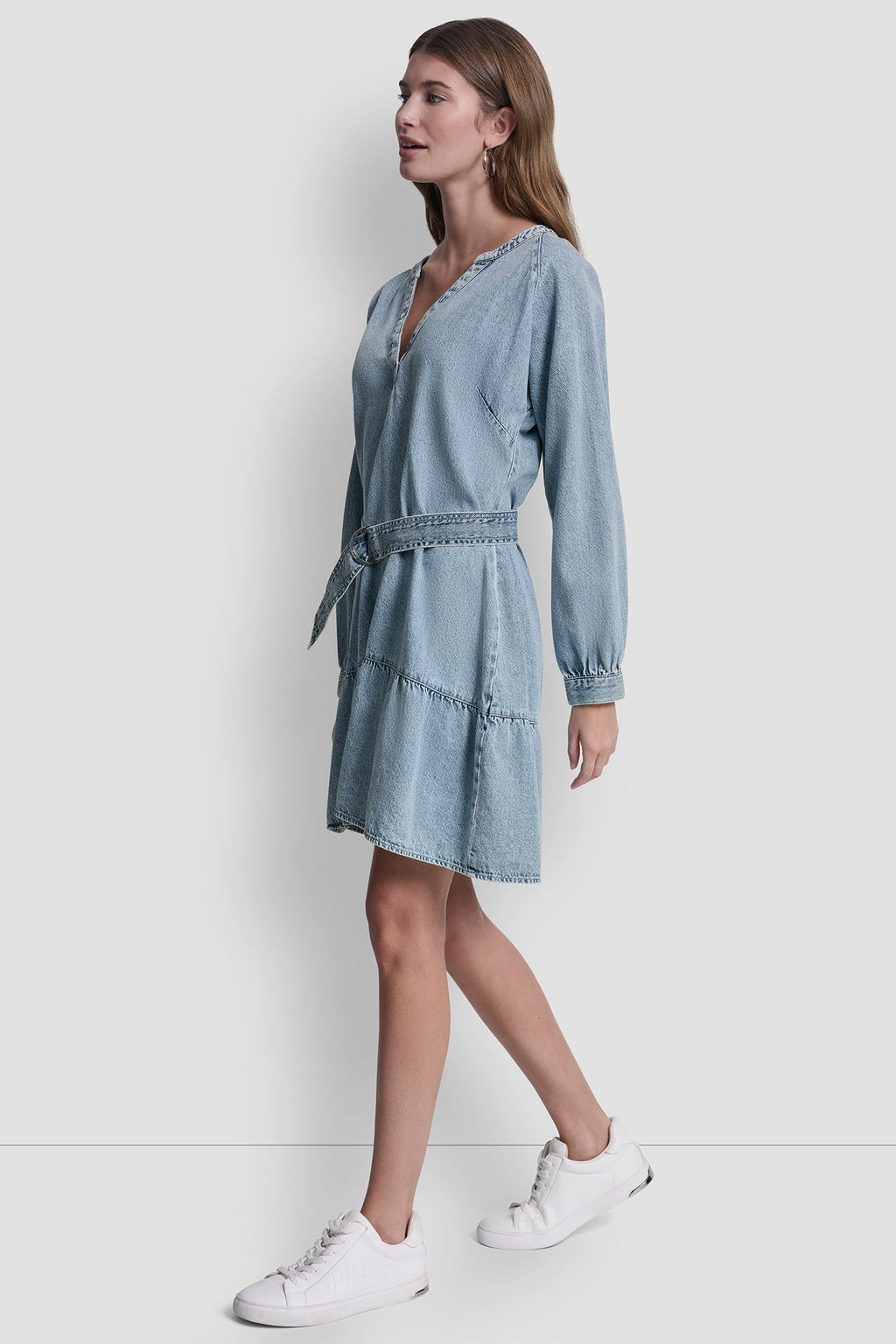 BELTED DENIM V-NECK DRESS