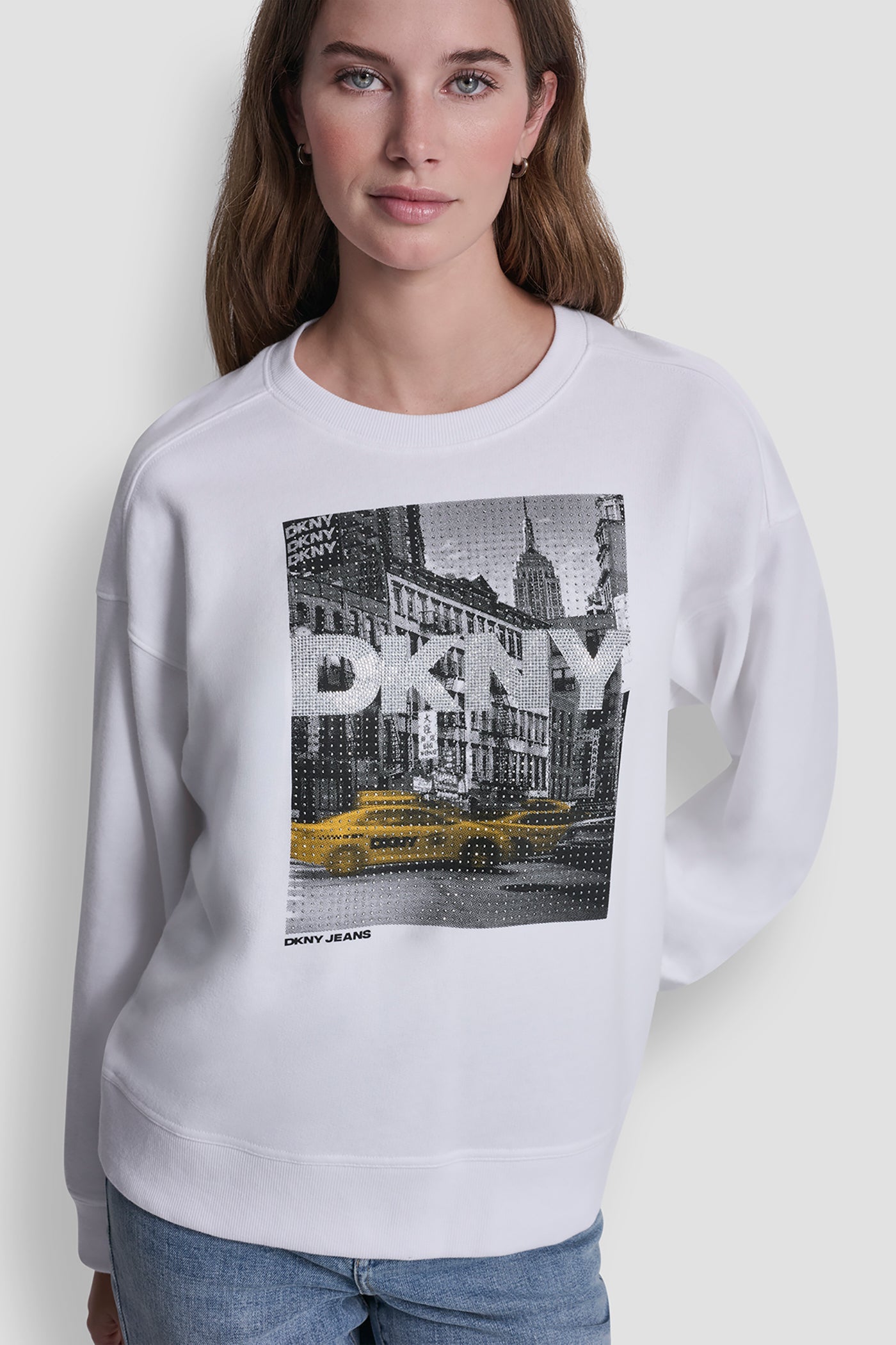 DKNY RHINESTONE TAXI LOGO SWEATSHIRT