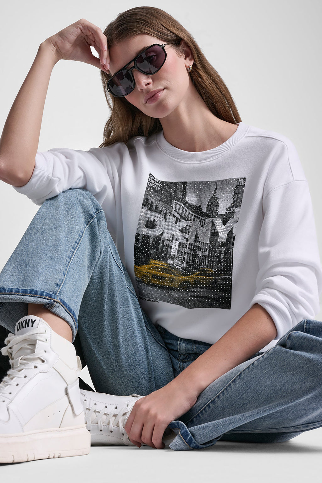 DKNY RHINESTONE TAXI LOGO SWEATSHIRT