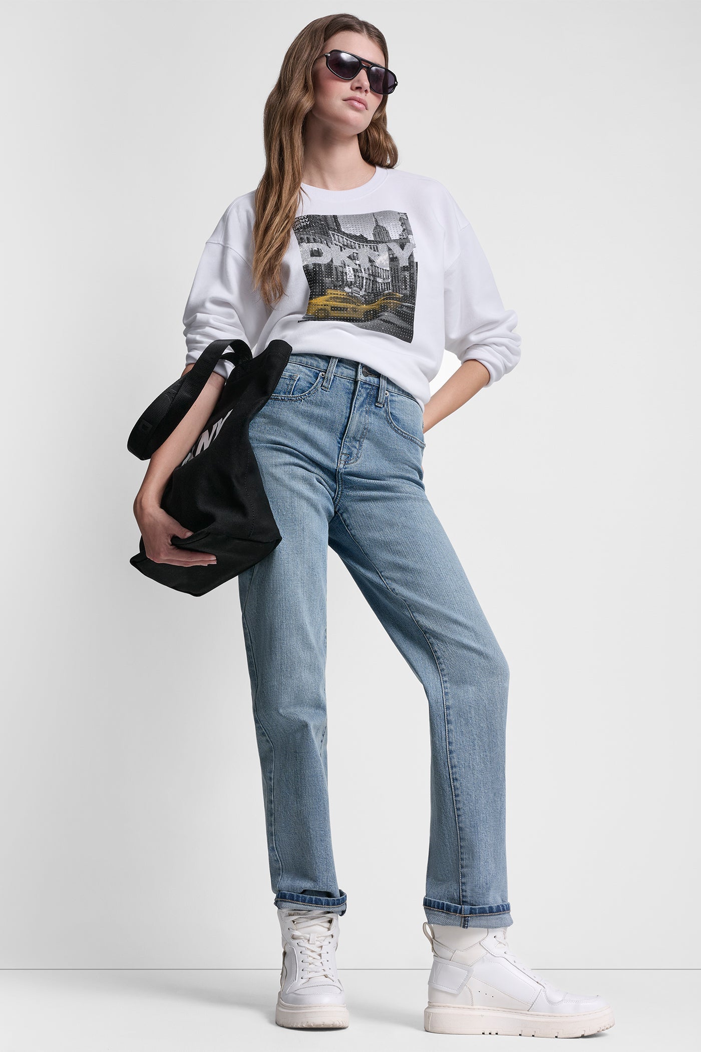 DKNY RHINESTONE TAXI LOGO SWEATSHIRT