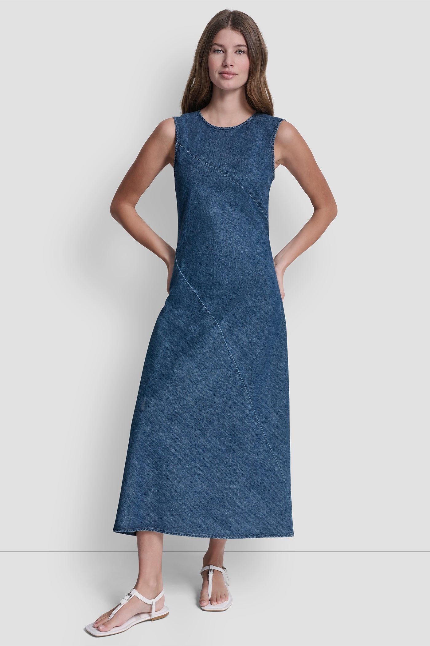 SLEEVELESS DENIM MIDI DRESS