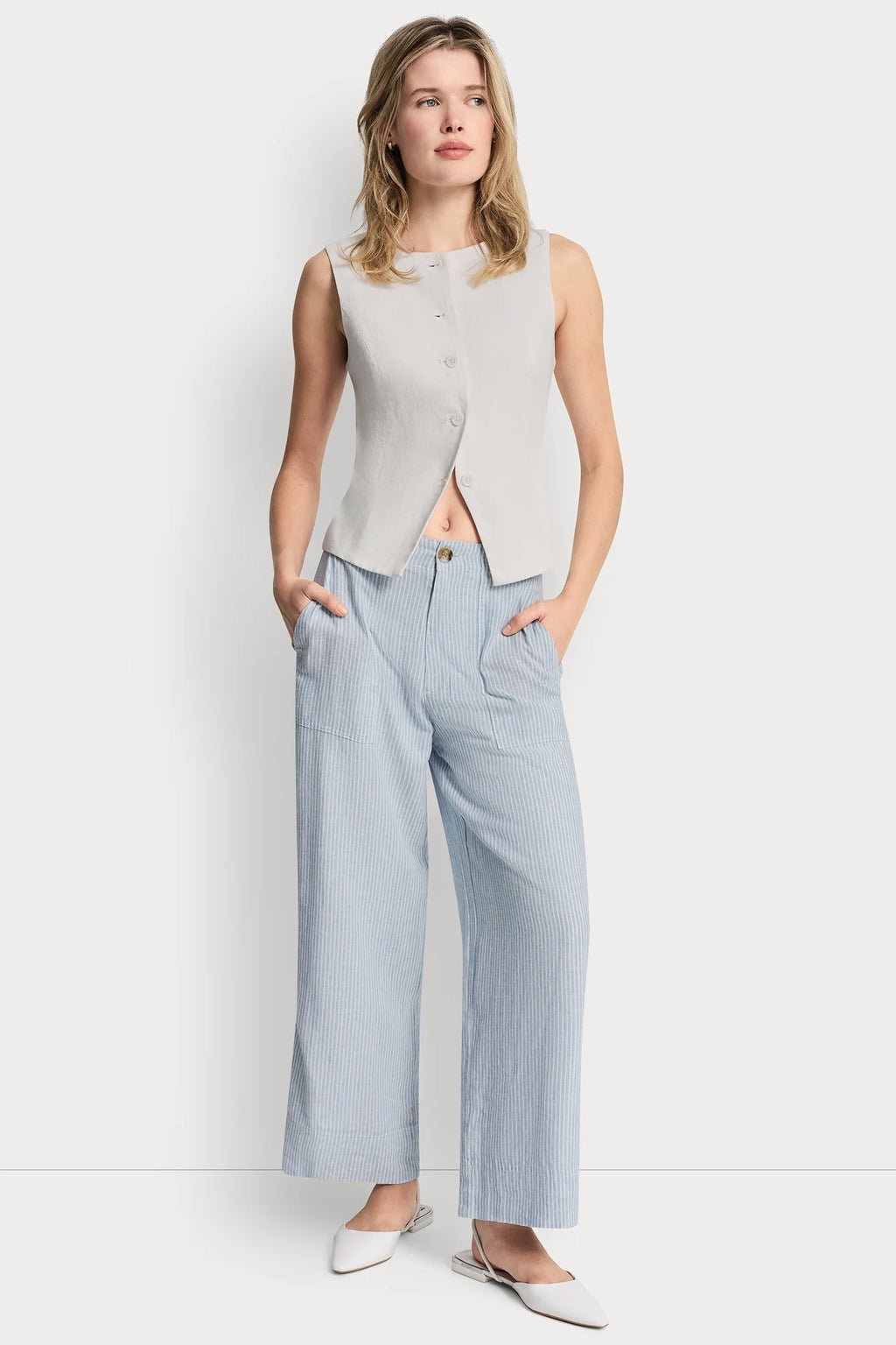 CROPPED WIDE LEG LINEN-BLEND PANTS