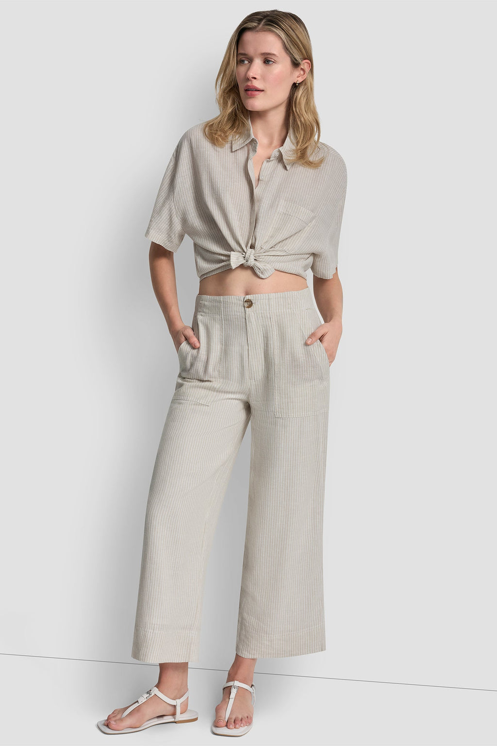 CROPPED WIDE LEG LINEN-BLEND PANTS