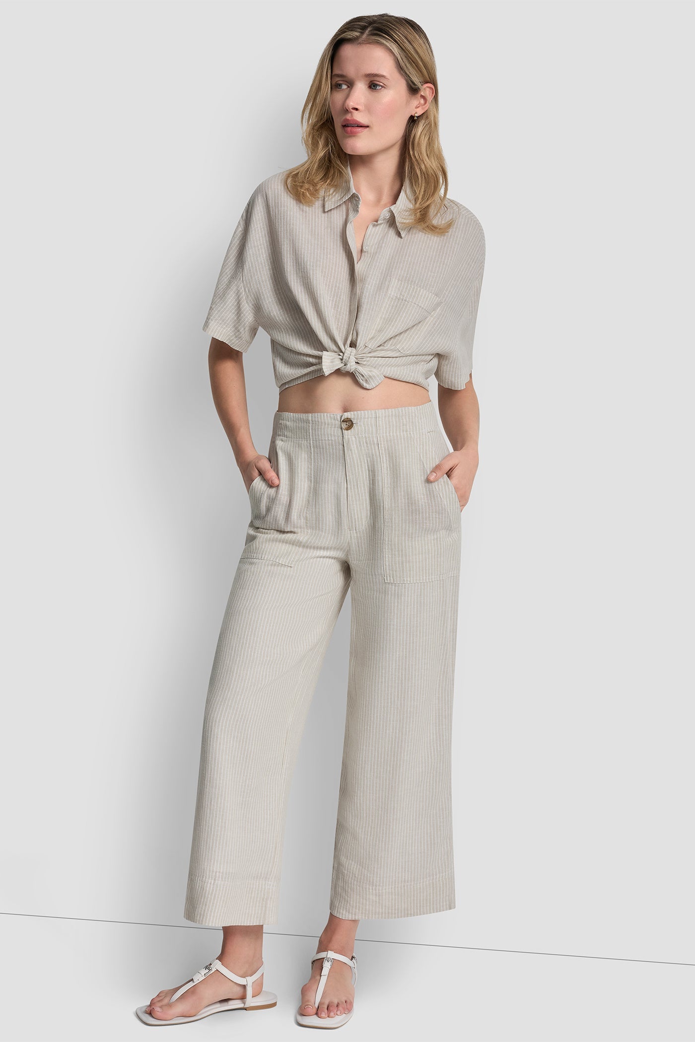 CROPPED WIDE LEG LINEN-BLEND PANTS