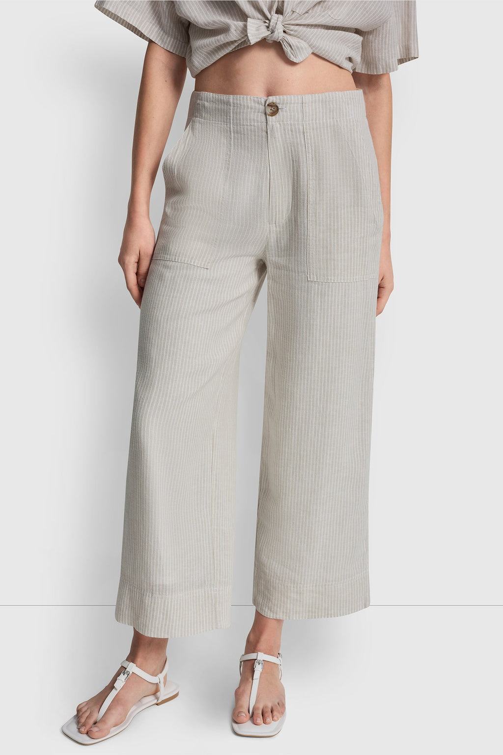 CROPPED WIDE LEG LINEN-BLEND PANTS