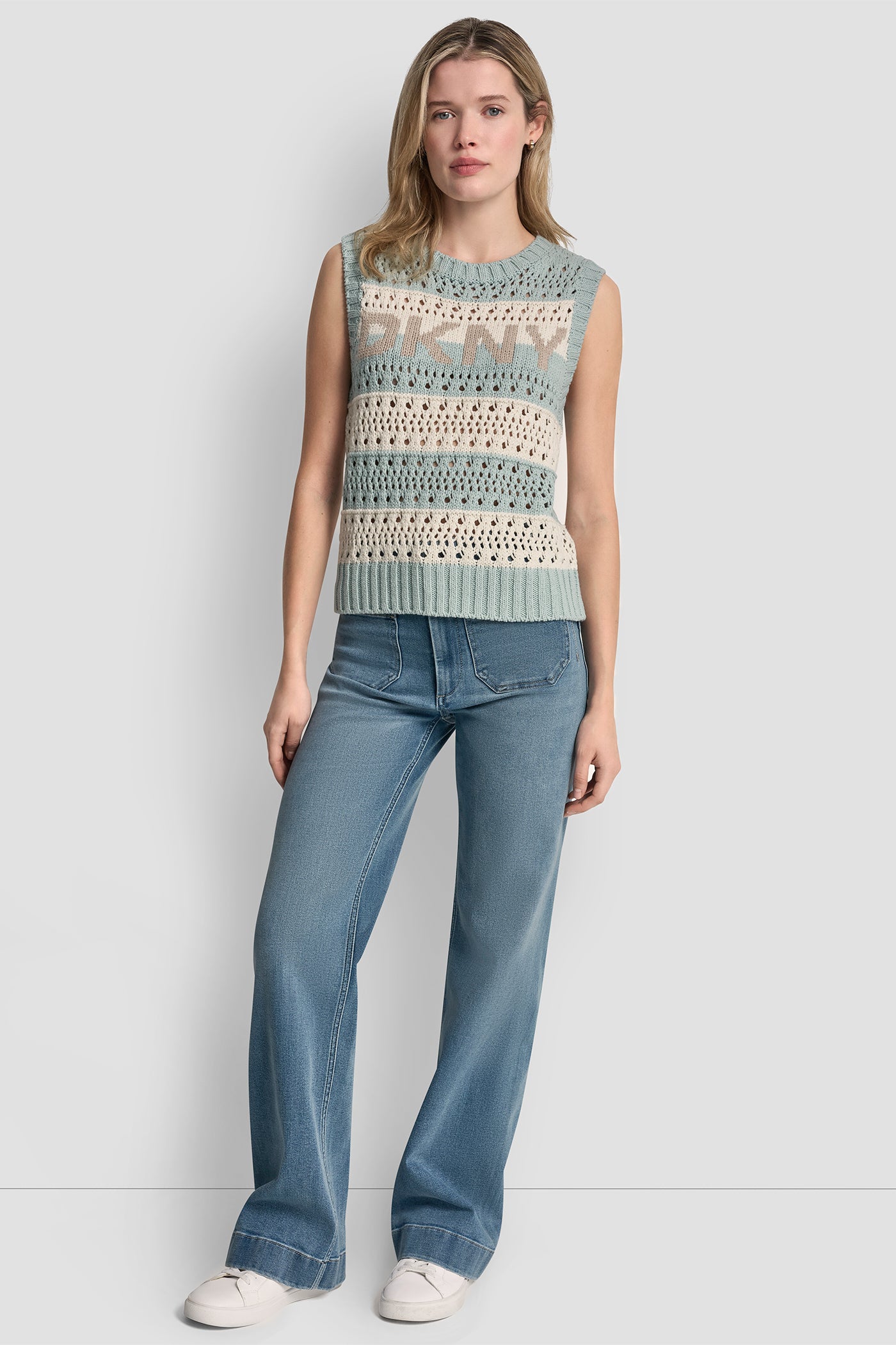 STRIPED POINTELLE STITCH SWEATER