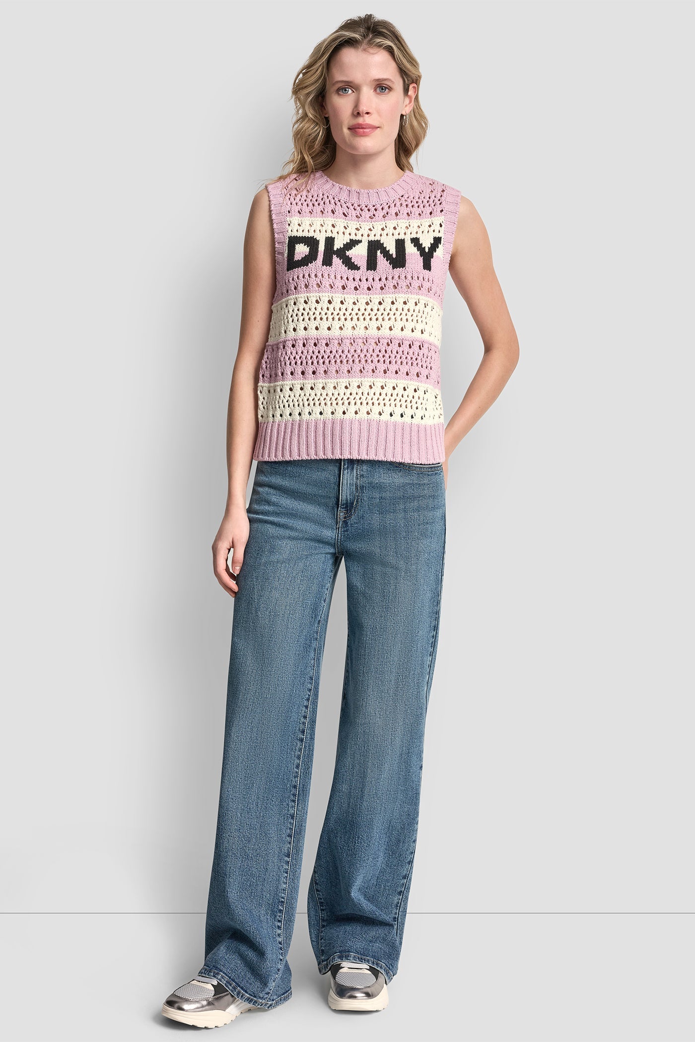 STRIPED POINTELLE STITCH SWEATER