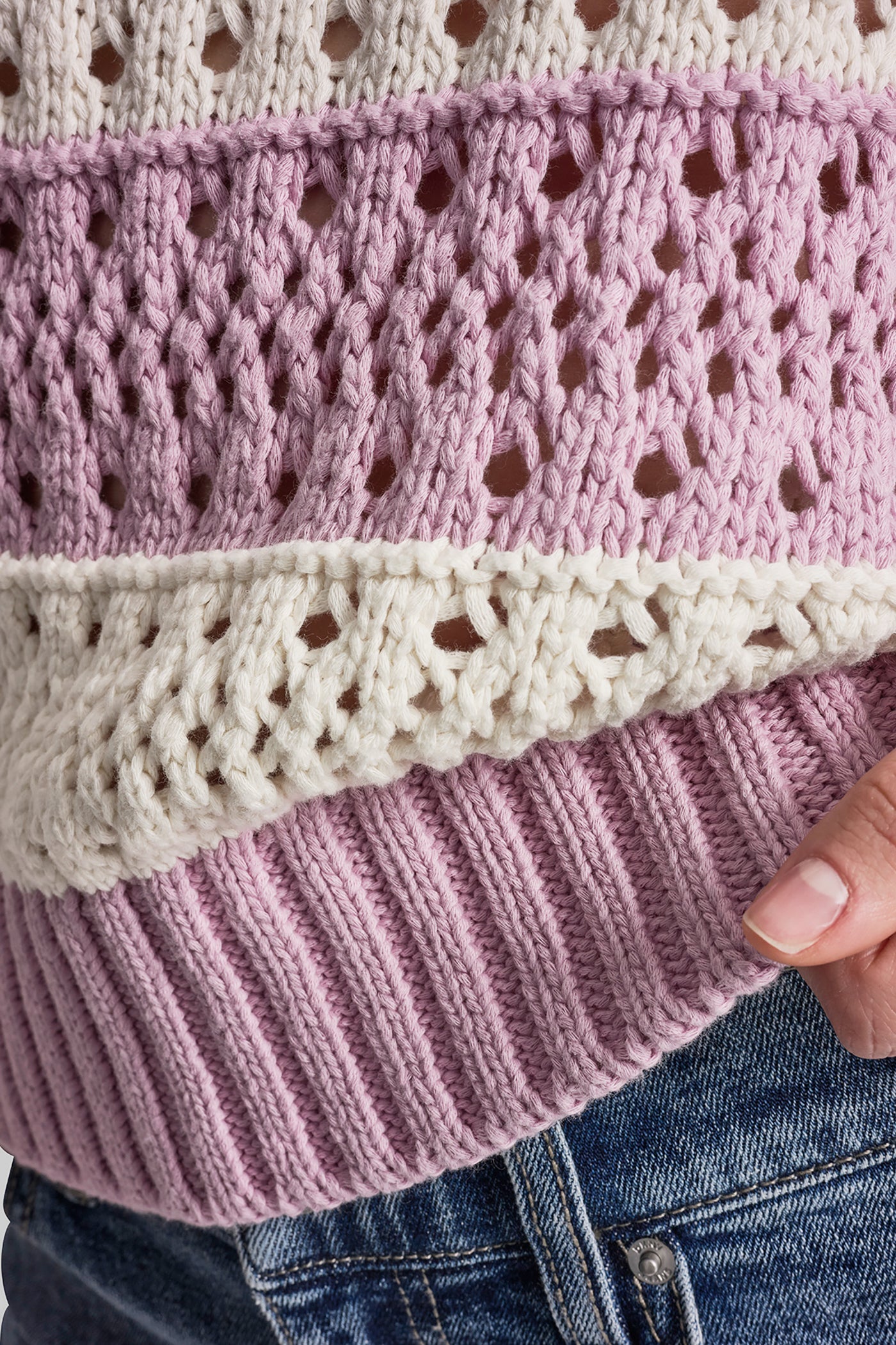 STRIPED POINTELLE STITCH SWEATER