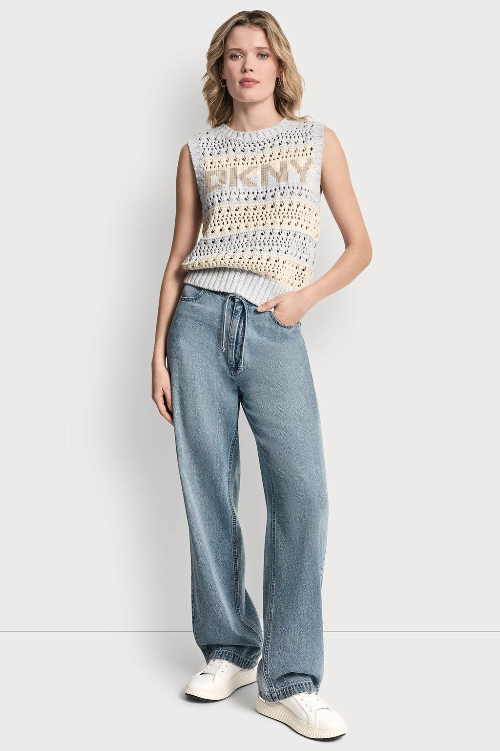 STRIPED POINTELLE STITCH SWEATER