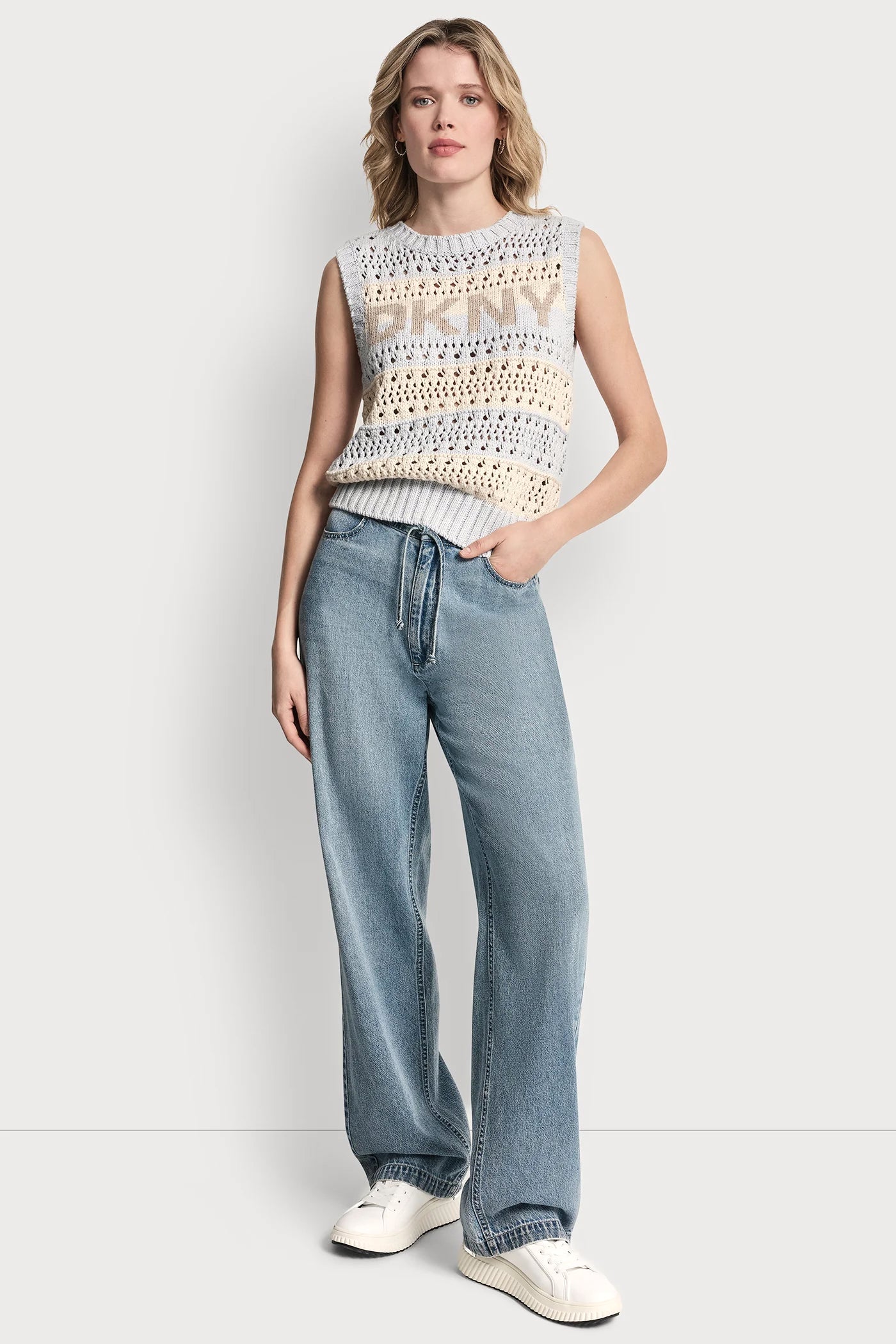 STRIPED POINTELLE STITCH SWEATER